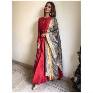 RED COLOR STITCHED GOWN WITH HEAVY BANARASI DUPATTA