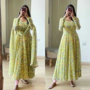 GREEN FLORAL ANARKALI GOWN DUPATTA SET