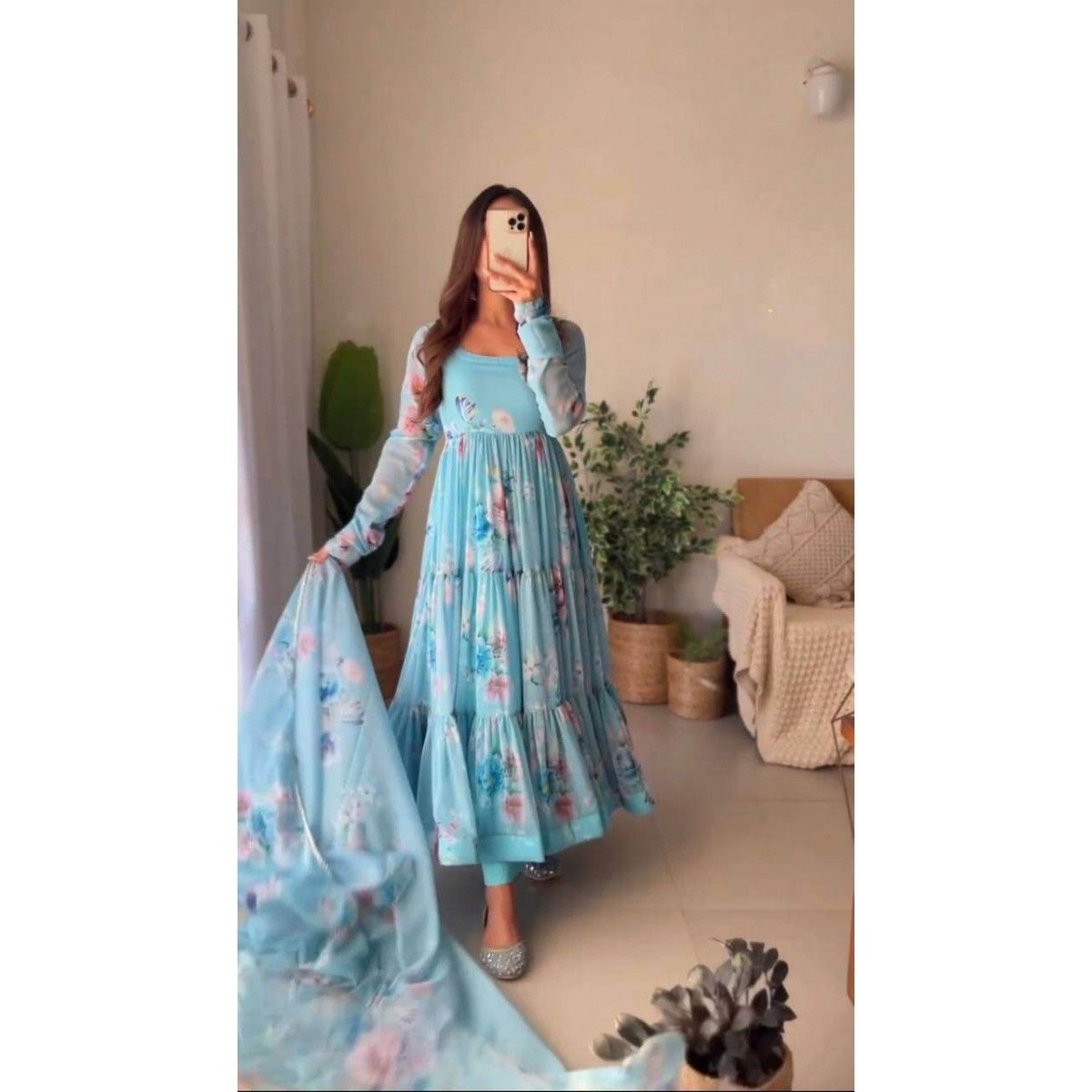 SKY COLOR 3 LAYER RUFFLE ANARKALI GOWN