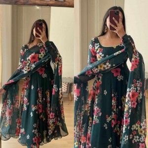 DARK GREEN FLORAL ANARKALI GOWN DUPATTA SET