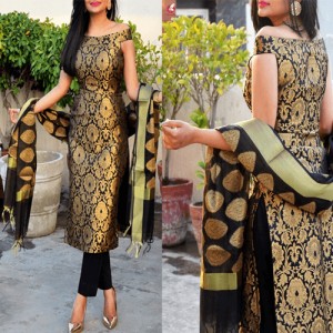 OFF SHOULDER BROCADE FULL STITCHED KURTI WITH PANT AND DUPATTA