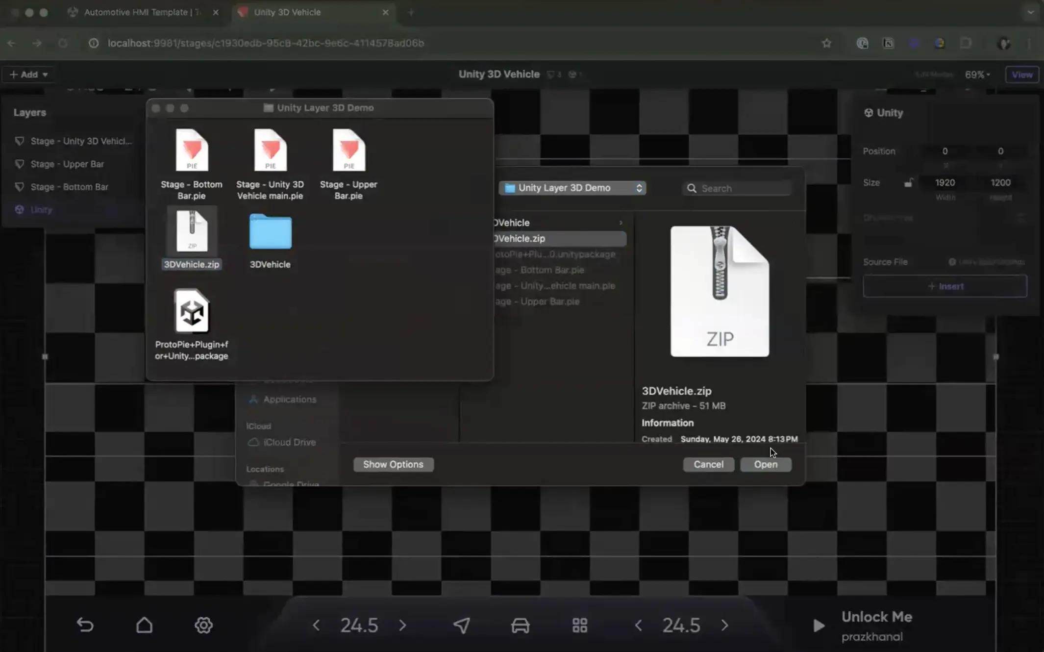 将您的 Unity 项目导入到 ProtoPie Connect 的 Stage View 中。