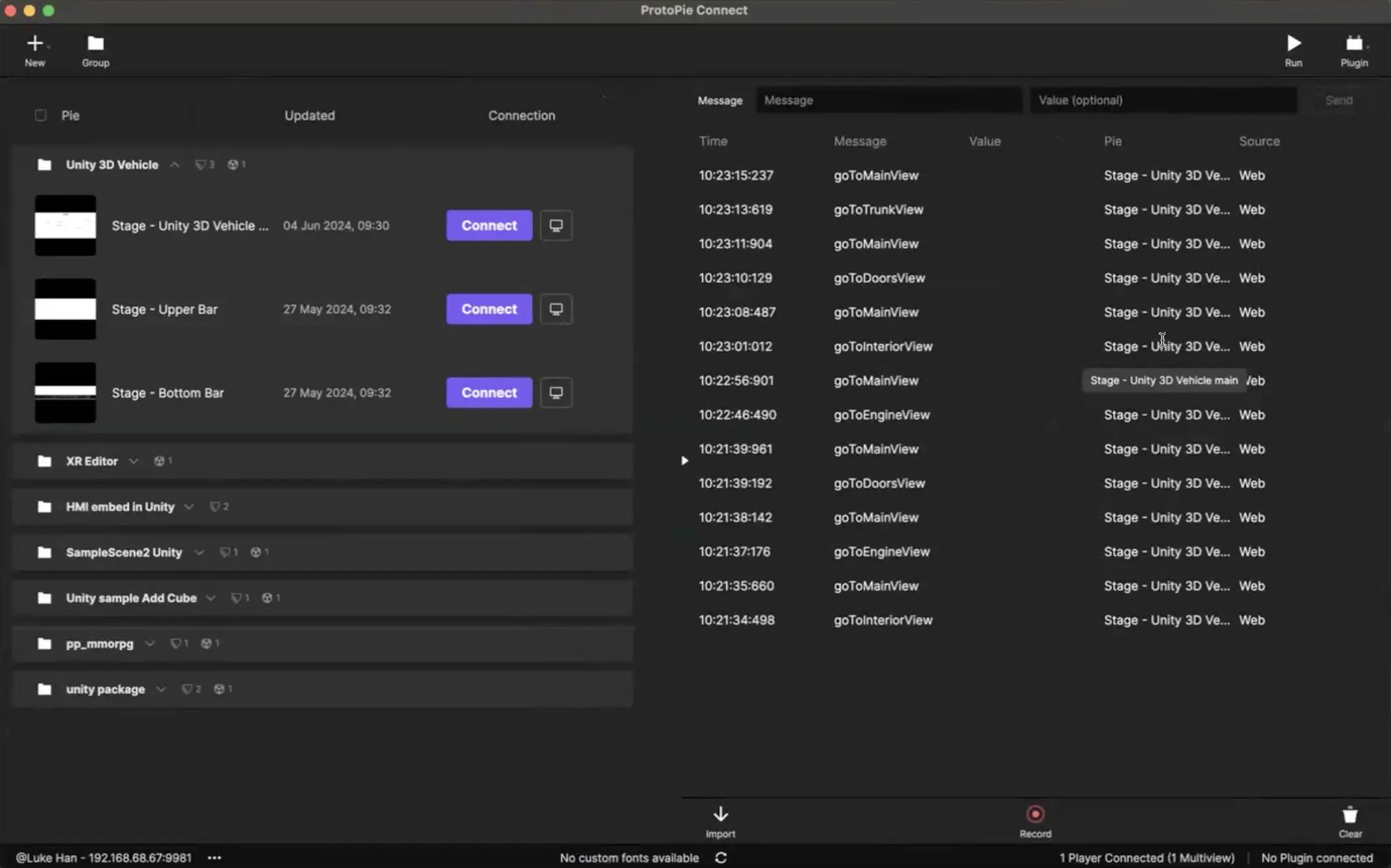 监控 Unity 和 ProtoPie 之间发送和接收的消息。