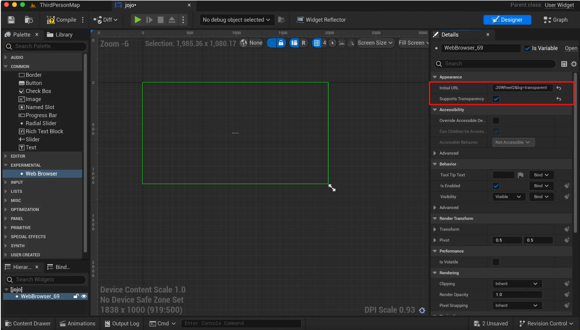 将ProtoPie Connect浏览器视图中的完整URL插入Unreal中的“初始URL”属性中。