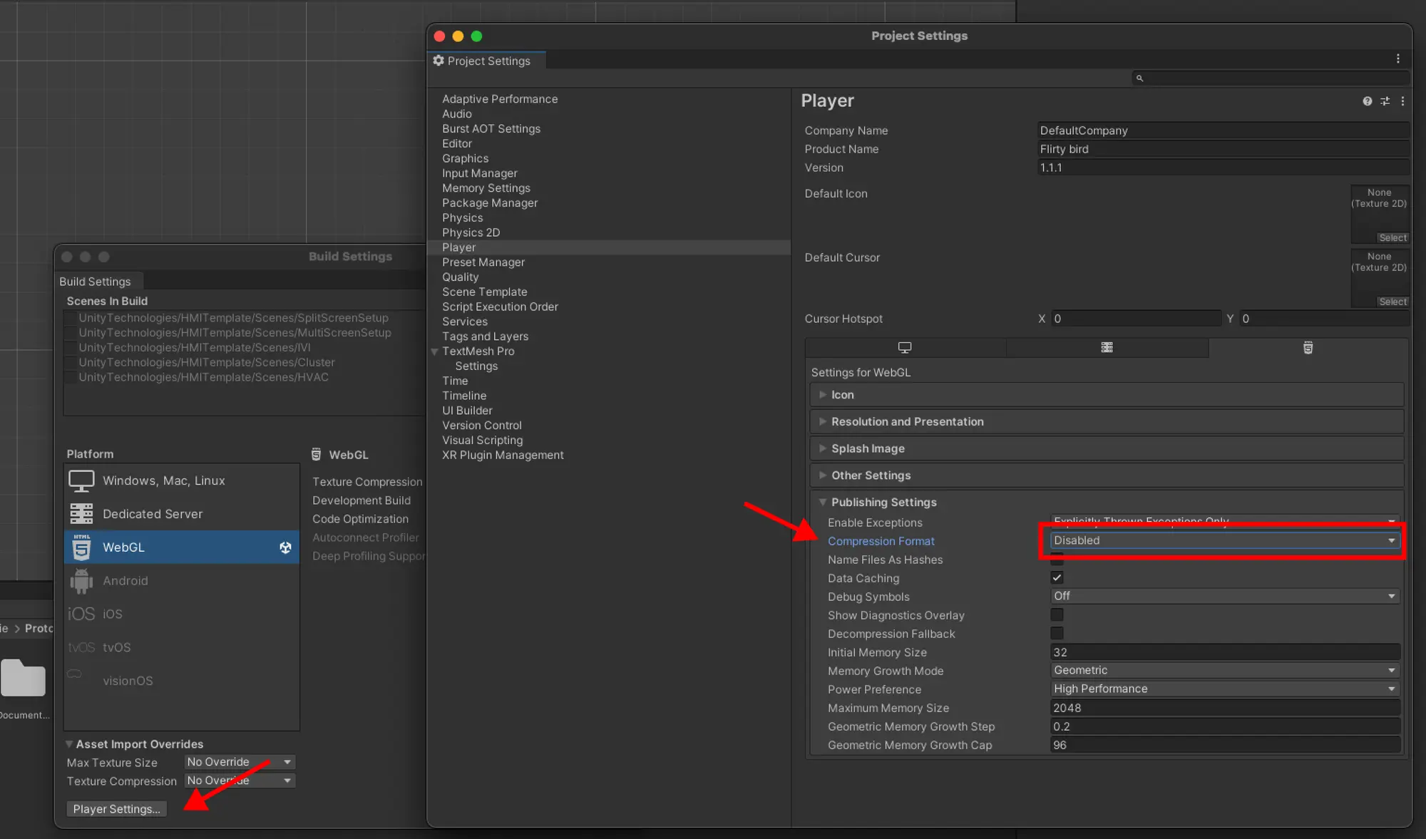 在 Player Settings 中将 Compression Format 设置为 Disabled。