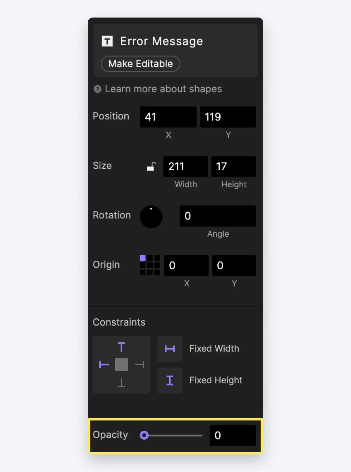 将错误消息的不透明度设置为0。