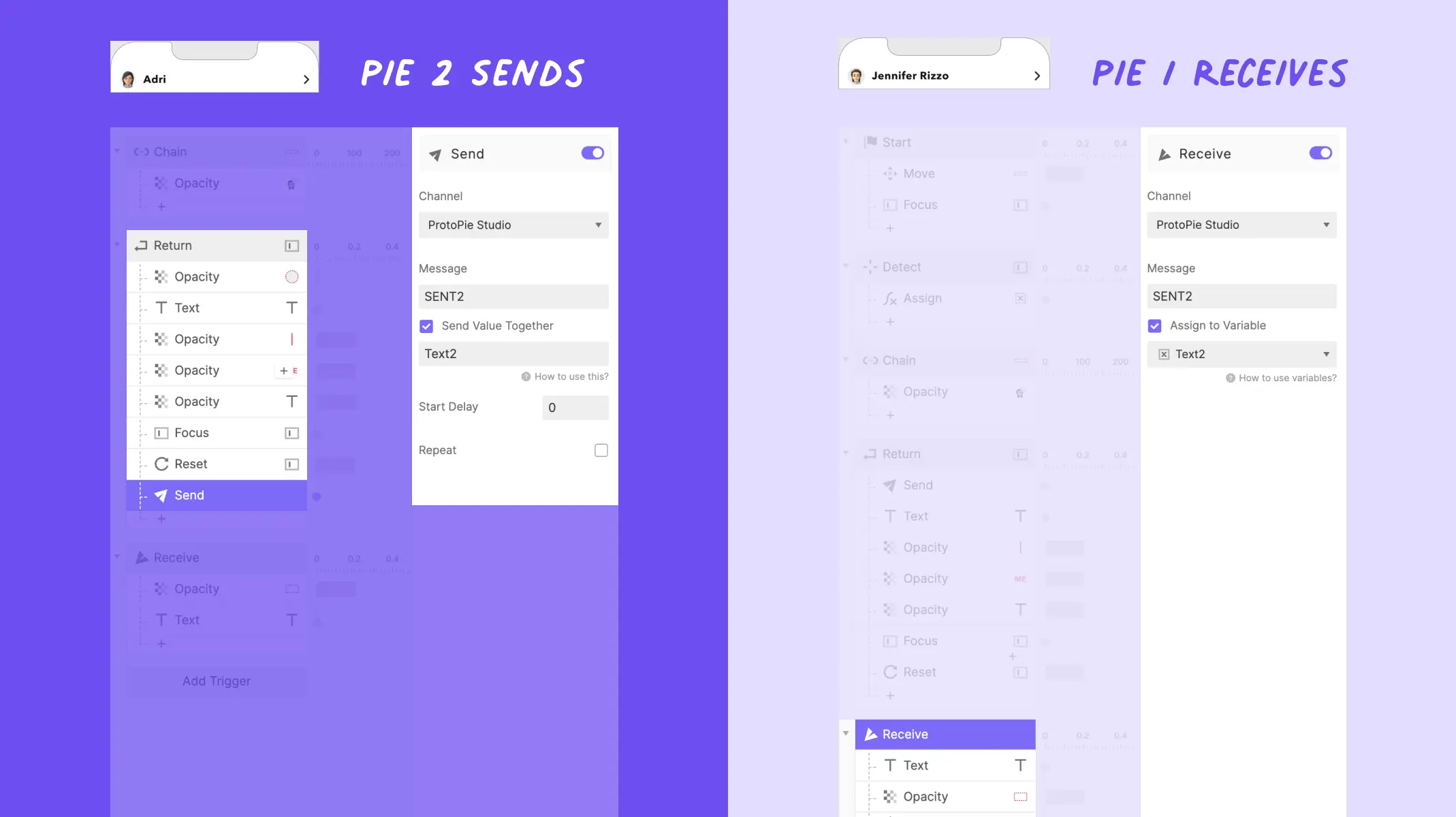 Pie 2 发送，Pie 1 接收 - 消息“SENT 2”。频道：ProtoPie Studio