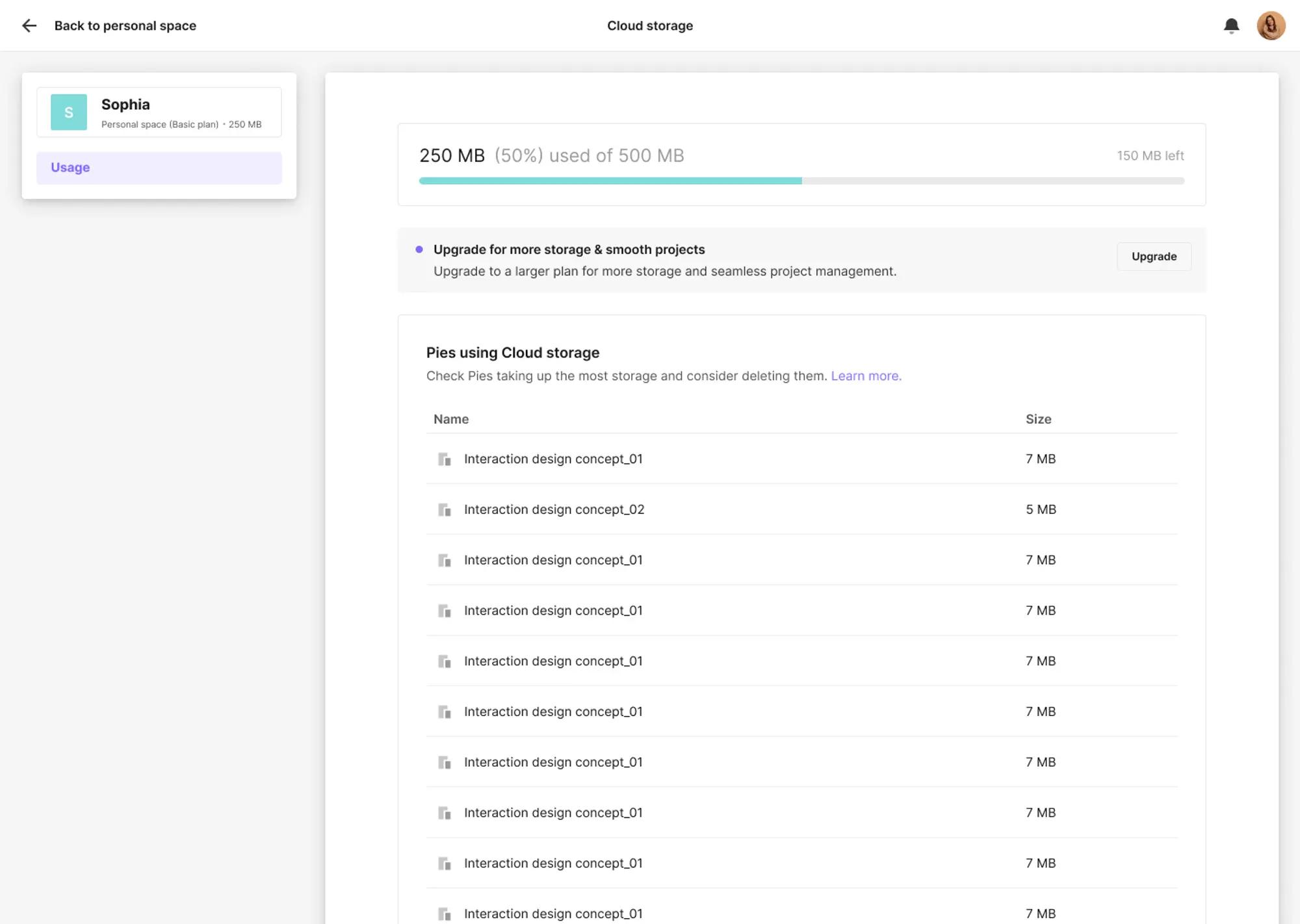 使用基础计划，您最多可以存储 500 MB 的 Pie 文件。