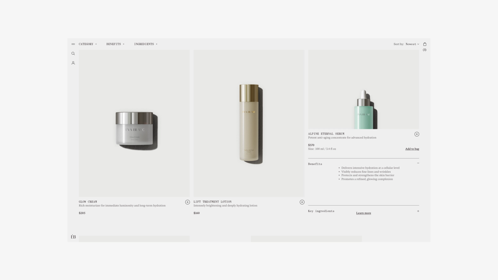 Éva Blanc product grid — four hero products