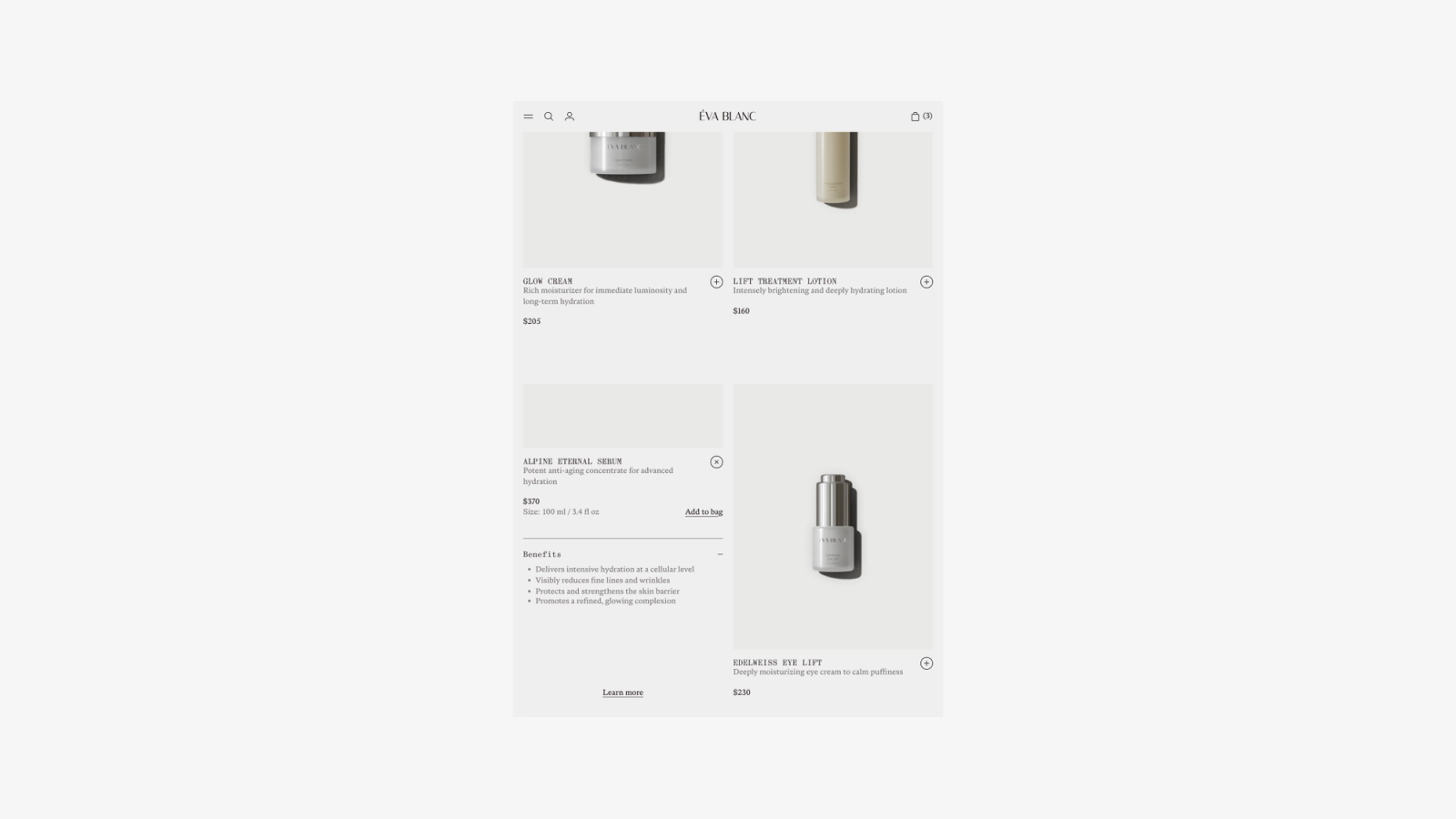 Catalog with product detail panel open — Alpine Eternal Serum