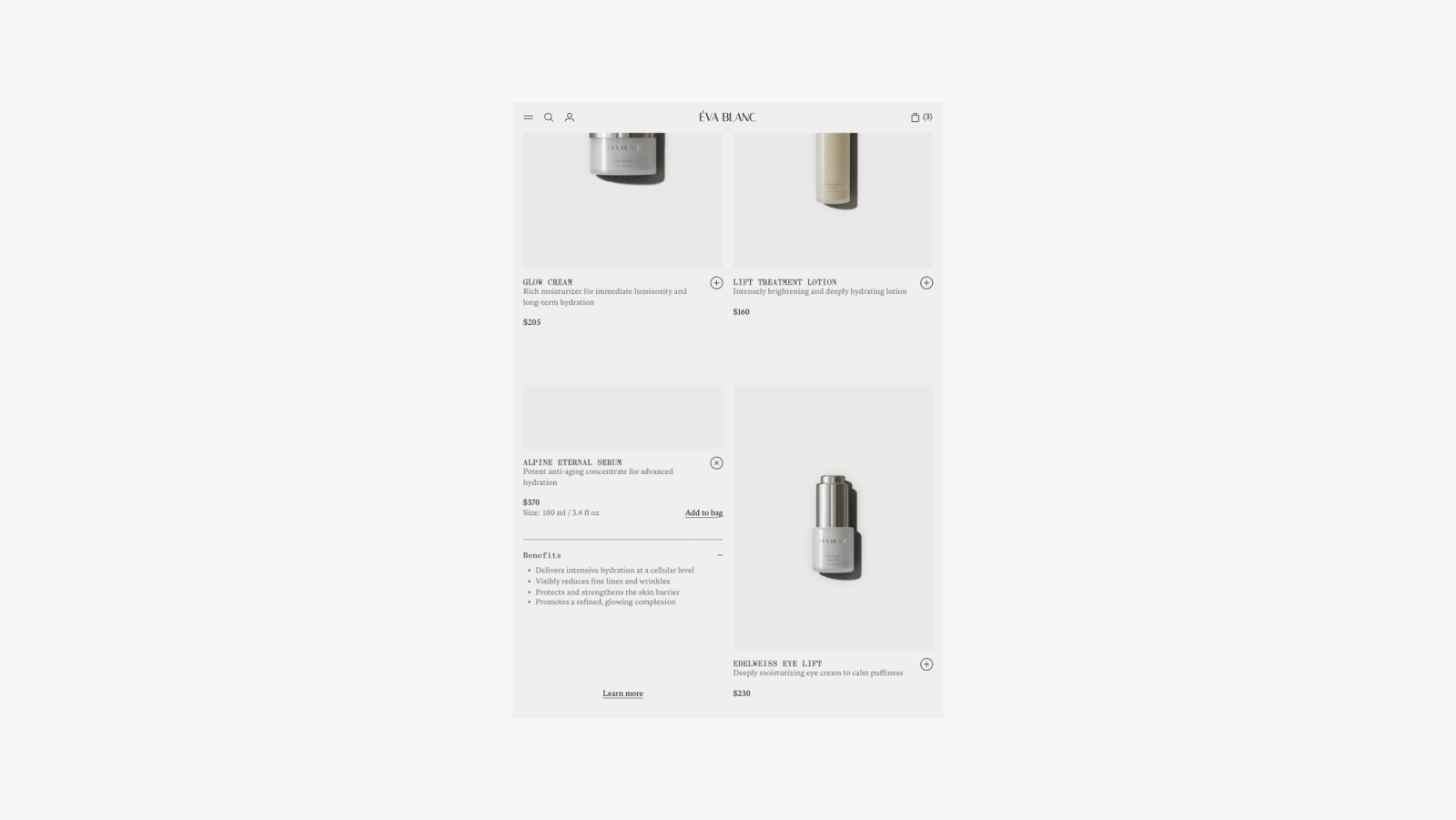 Catalog with product detail panel open — Alpine Eternal Serum
