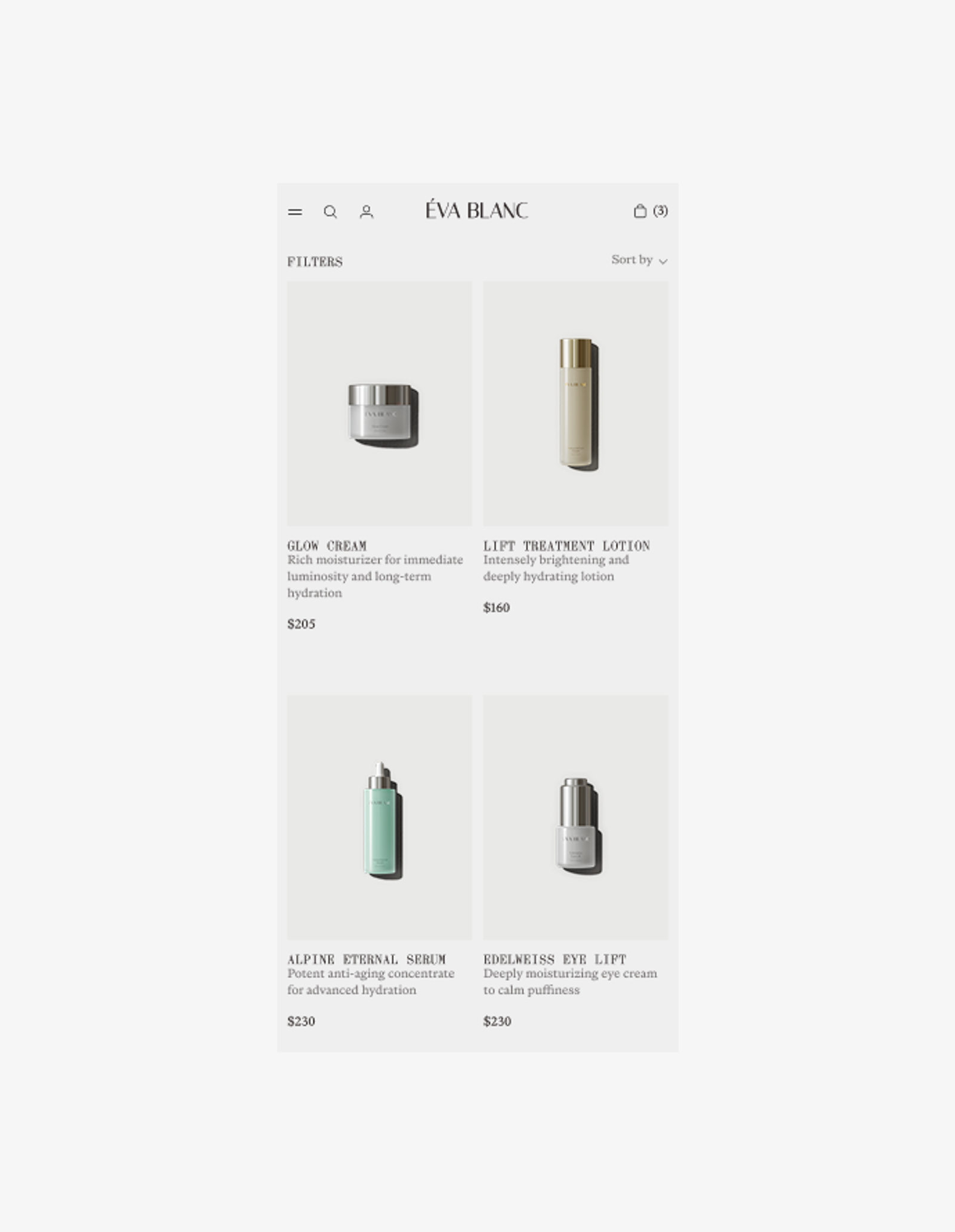 Mobile catalog — four hero products