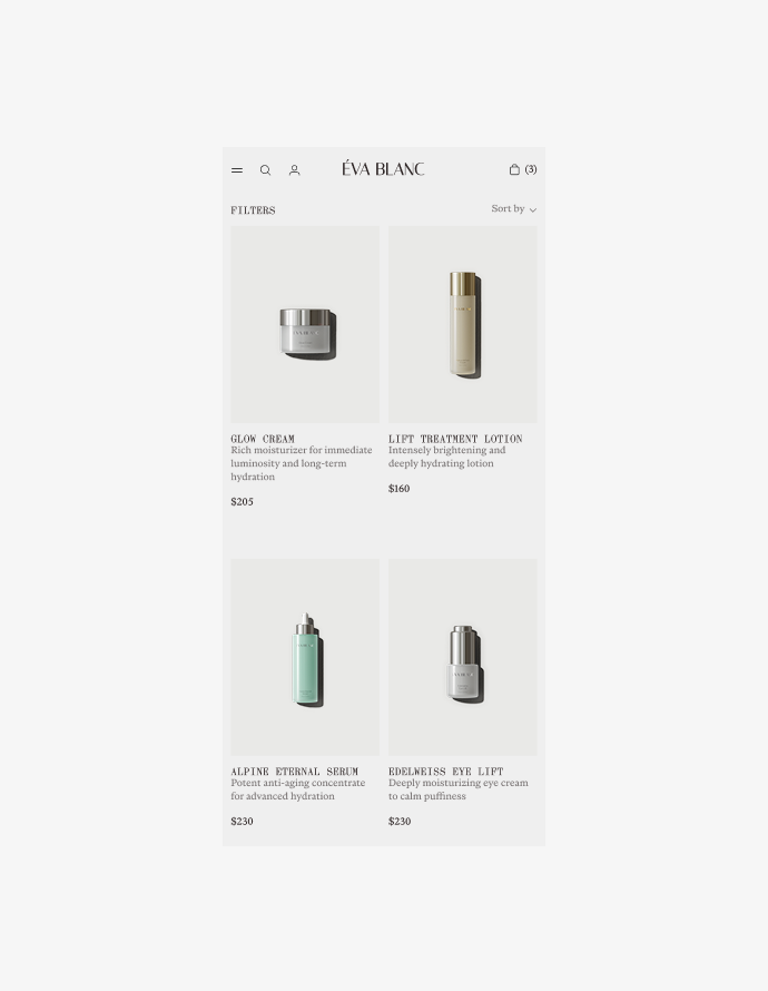 Mobile catalog — four hero products