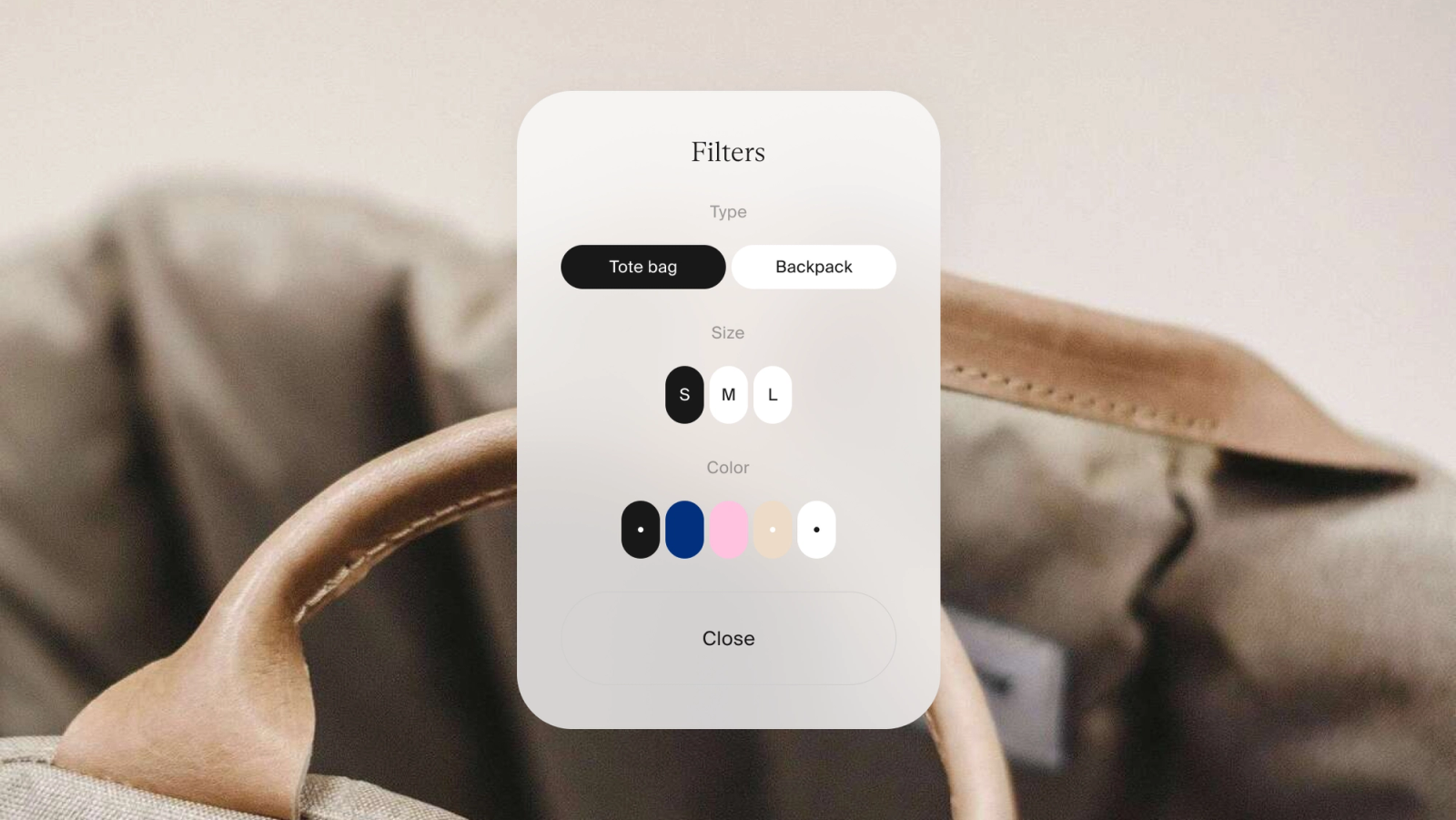 Filters modal — type, size and color