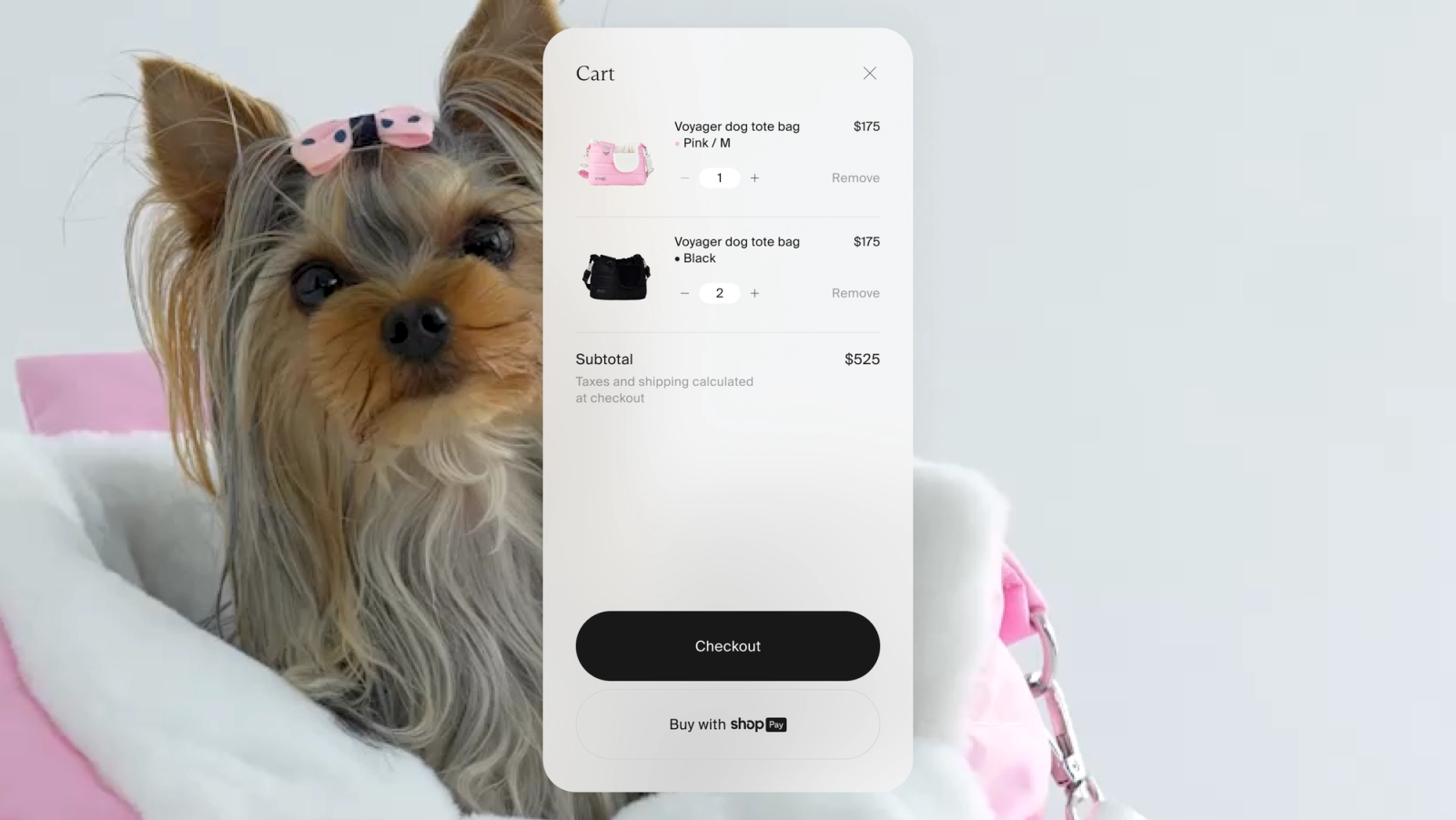 Cart sidebar — two Voyager dog tote bags