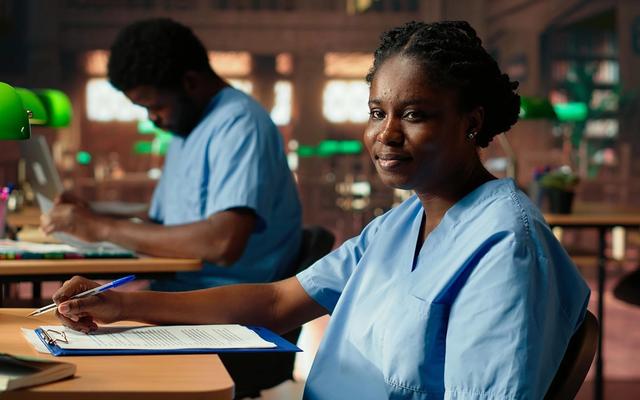 African American nurse in training reviewing anatomy case files