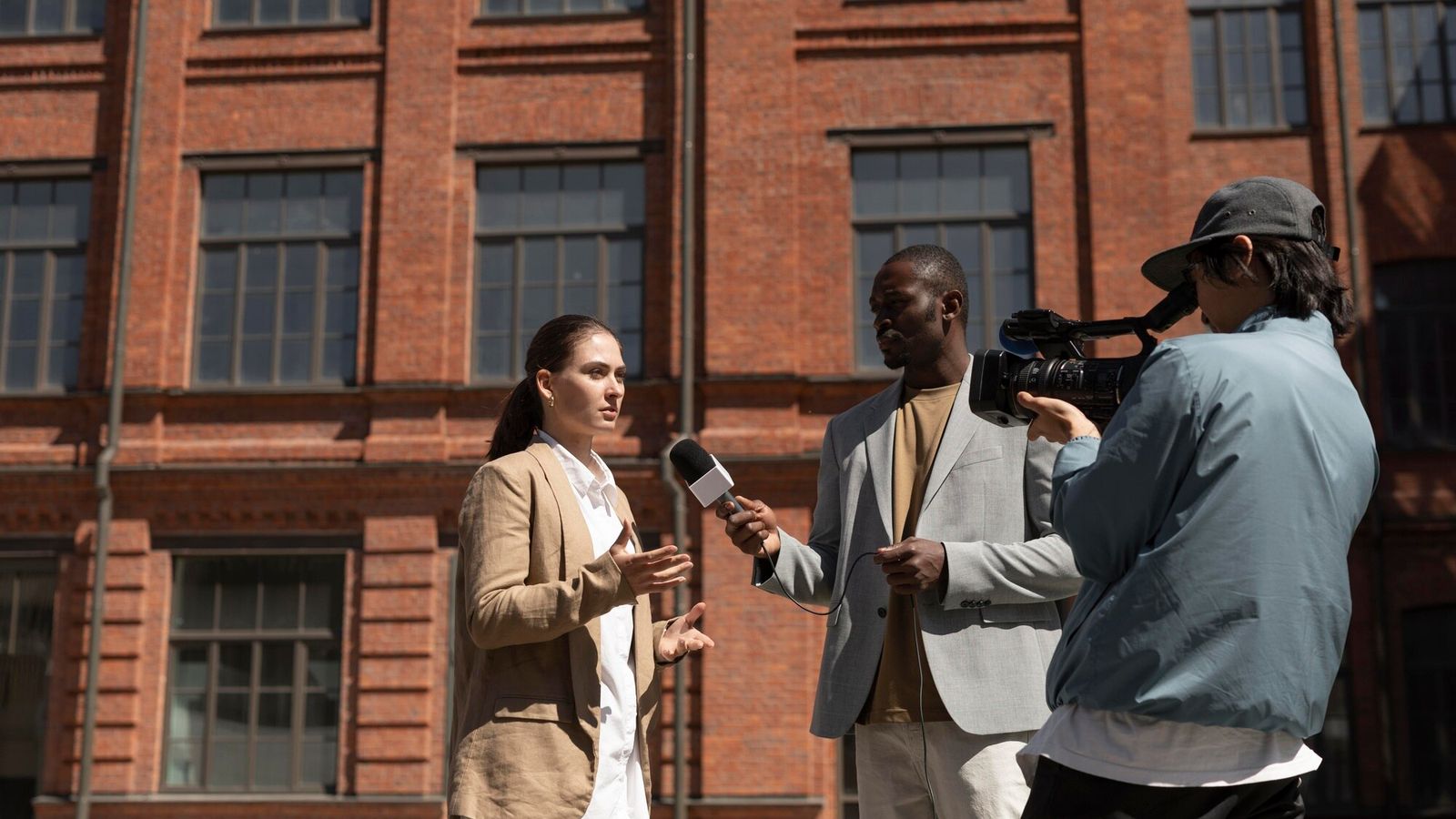 Group of people conducting an interview outdoors