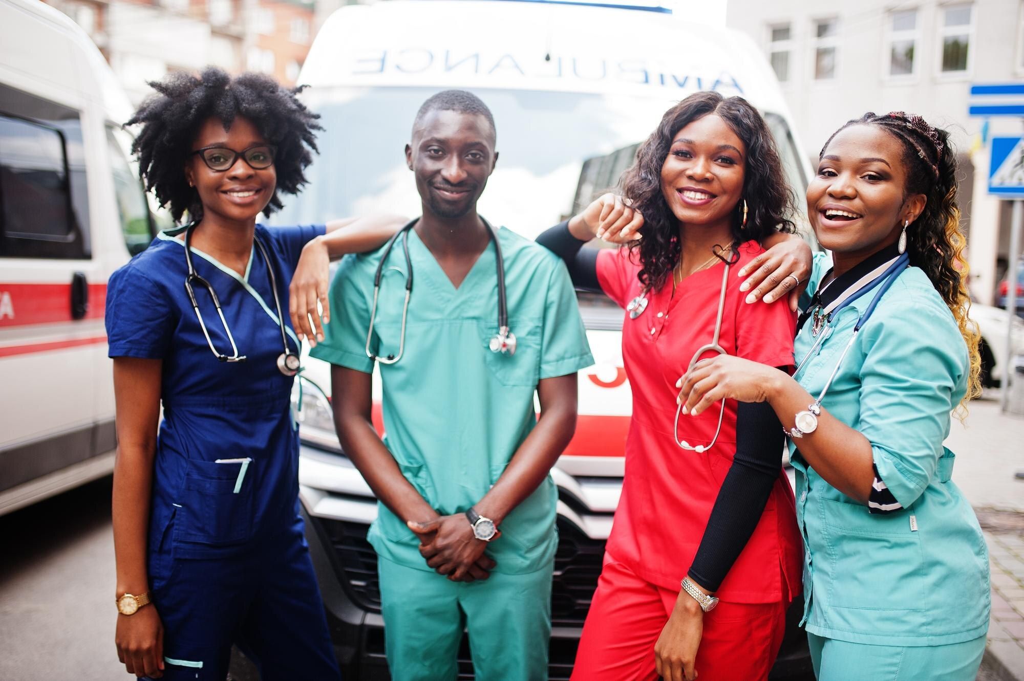African paramedic and ambulance emergency crew doctors as a team