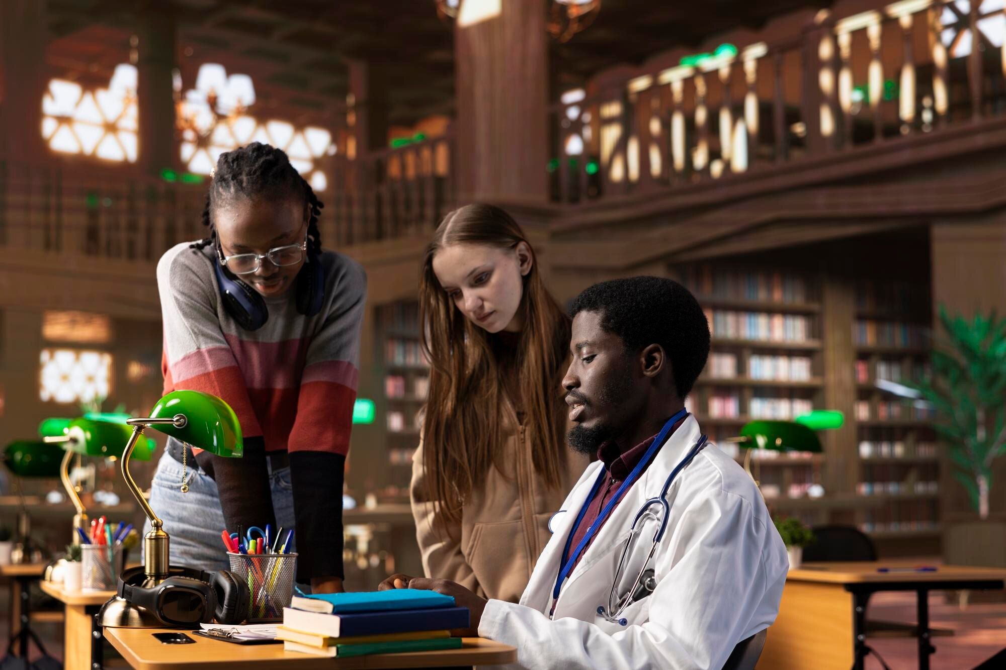 Multiethnic group of students in a learning session with a doctor