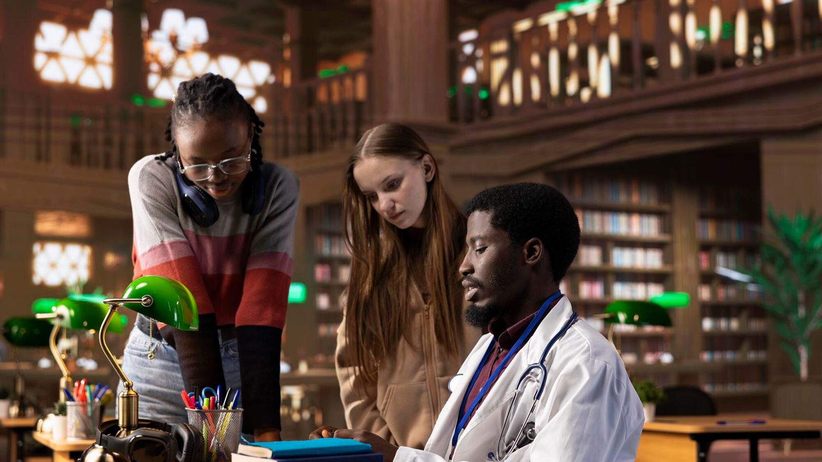 Multiethnic group of students in a learning session with a doctor