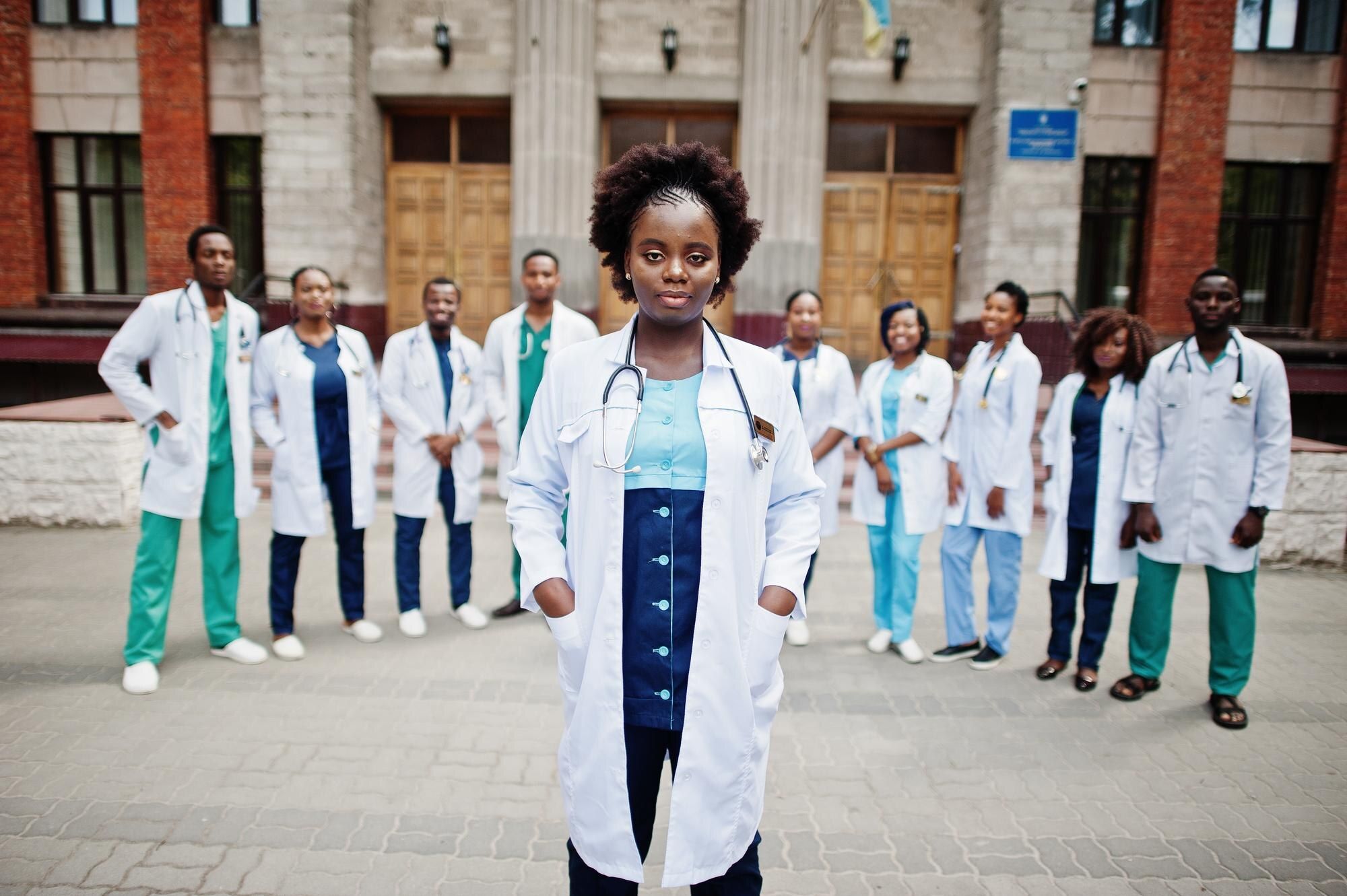 Group of African medical professionals together outdoors