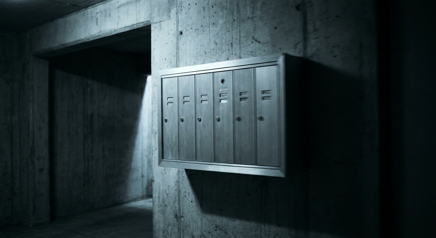 A metal deposit box of small compartments on a bare concrete wall, lit from one side in a dark interior.