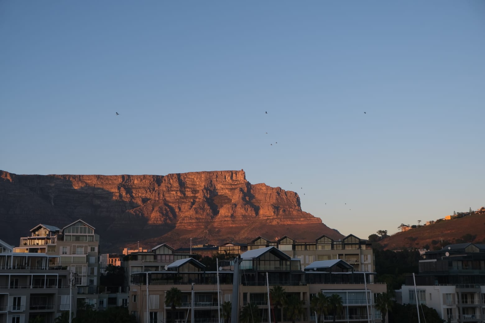 Buildings in the foreground with mountains in the background