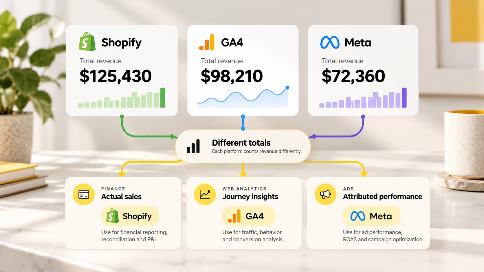 Why Shopify, GA4 and Meta never show the same revenue, and which number to trust