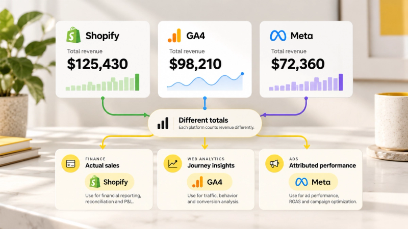 Why Shopify, GA4 and Meta never show the same revenue, and which number to trust