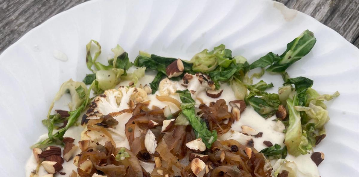 Cauliflower steaks with agrodolce, puree, greens and toasted hazelnuts | River Cottage Reunited