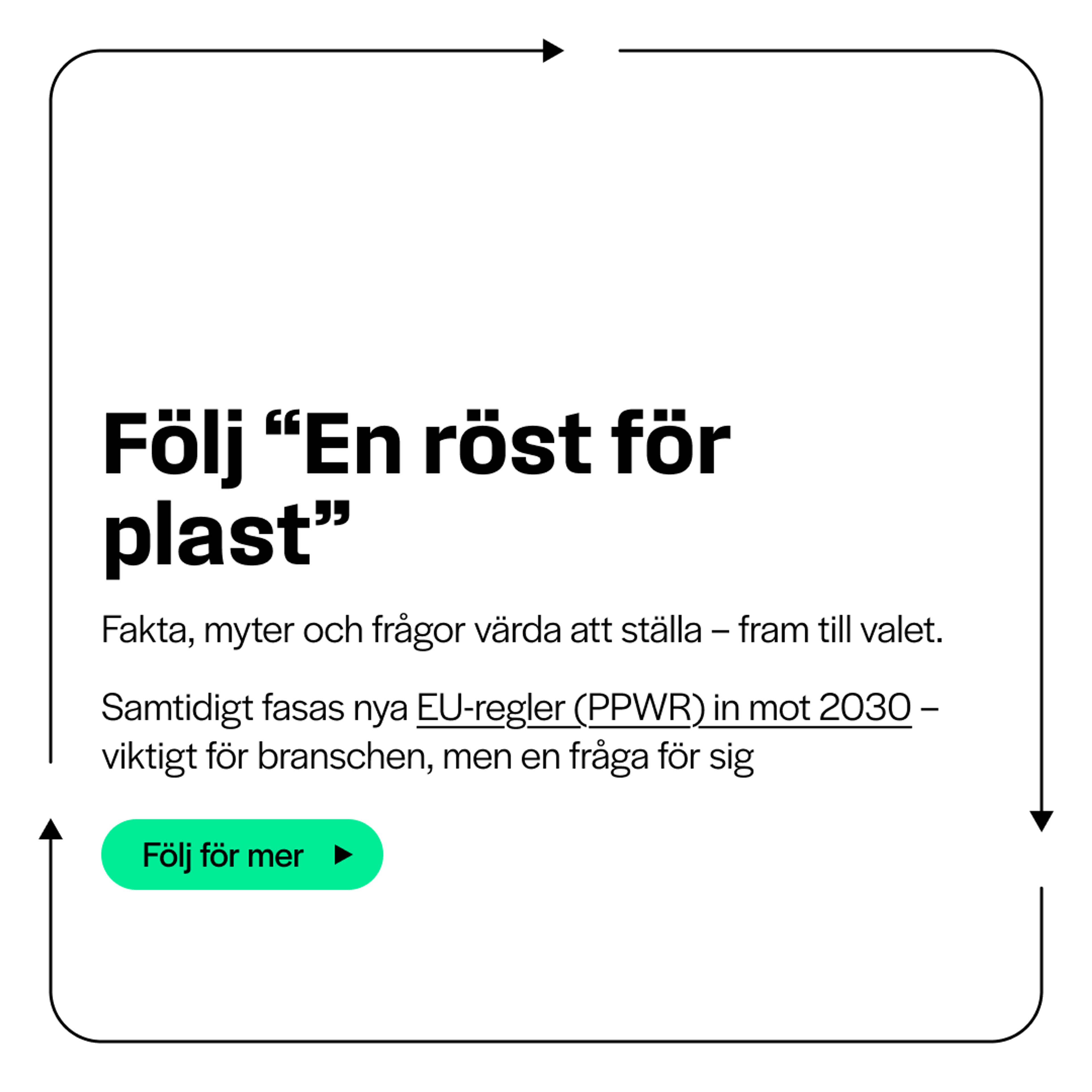 Vitt kampanjkort. Rubrik "Följ En röst för plast". Text: "Fakta, myter och frågor värda att ställa – fram till valet. Samtidigt fasas nya EU-regler (PPWR) in mot 2030 – viktigt för branschen, men en fråga för sig." Grön knapp: "Följ för mer".