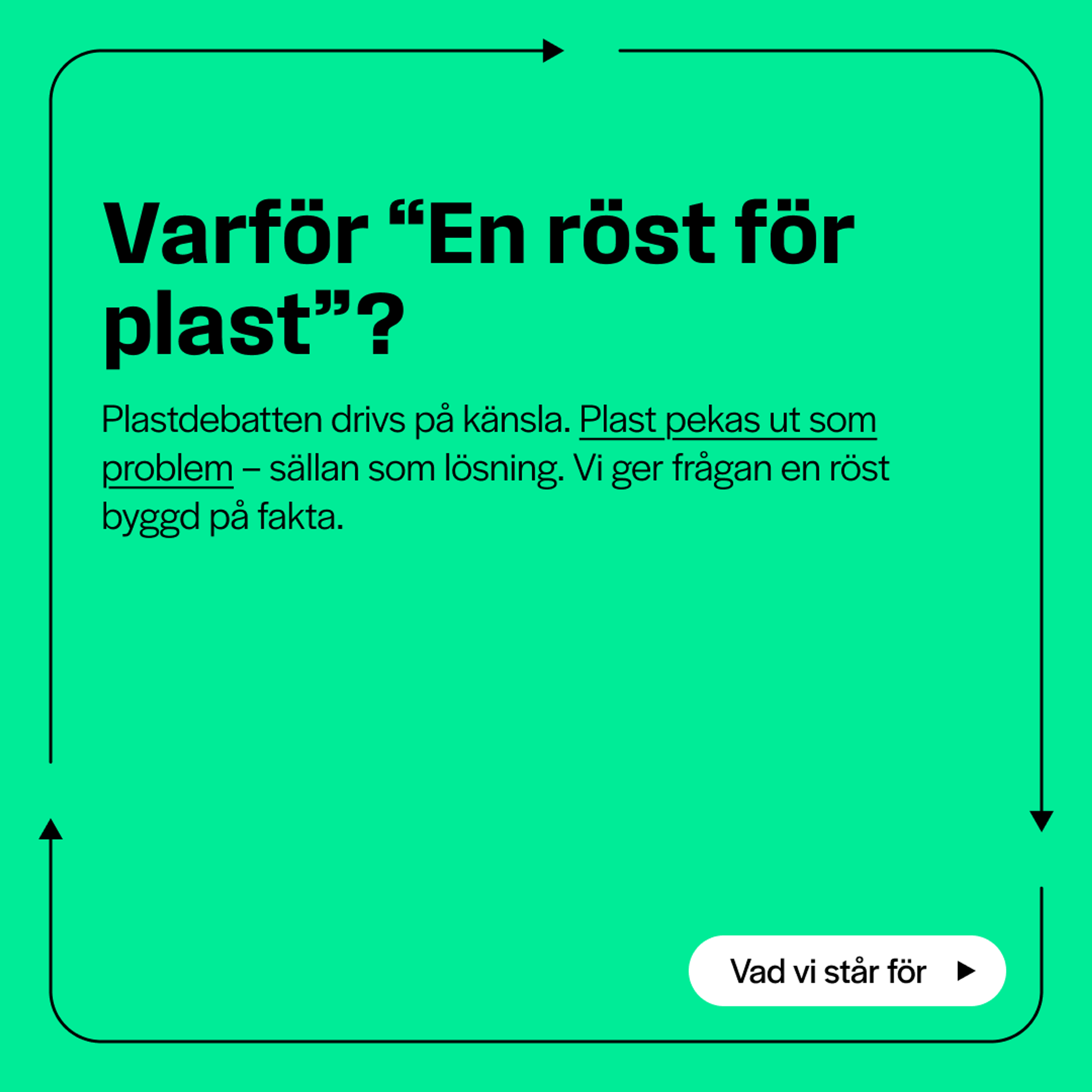 Grönt kampanjkort. Rubrik "Varför ’En röst för plast’?". Text: "Plastdebatten drivs på känsla. Plast pekas ut som problem – sällan som lösning. Vi ger frågan en röst byggd på fakta." Knapp: "Vad vi står för".