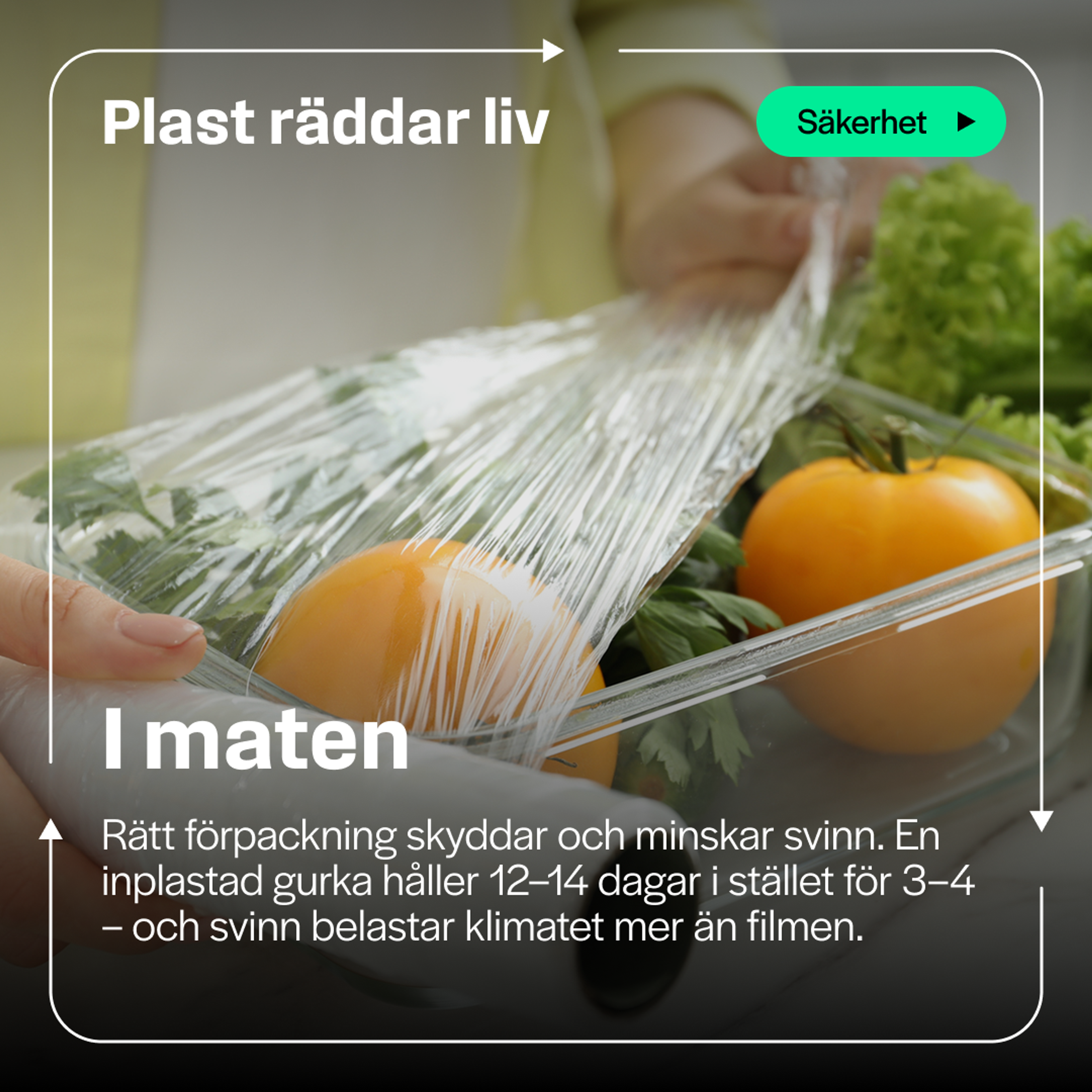 Kampanjkort: händer som plastar in grönsaker i en form. Rubrik "I maten". Text: "Rätt förpackning skyddar och minskar svinn. En inplastad gurka håller 12–14 dagar i stället för 3–4 – och svinn belastar klimatet mer än filmen."
