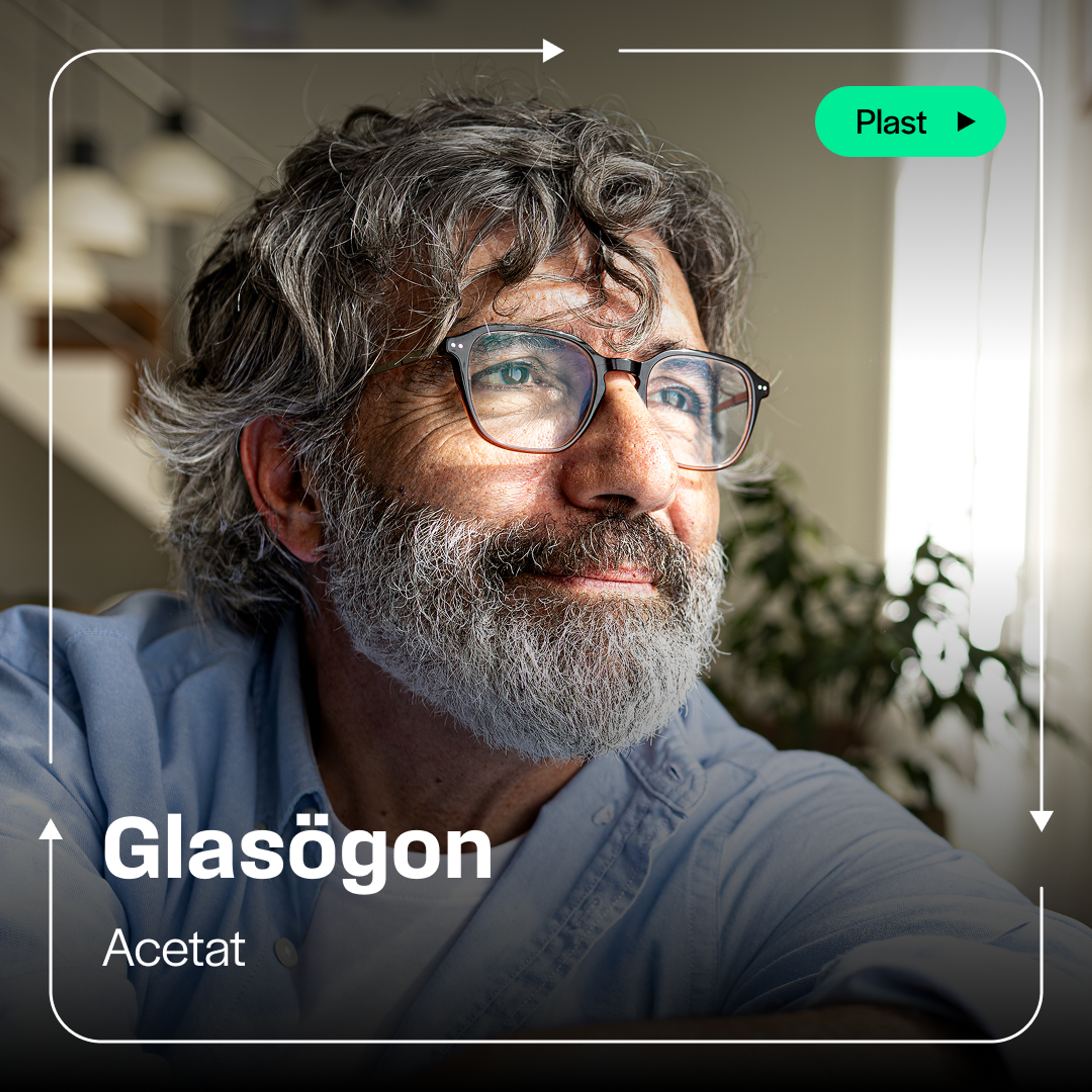 Kampanjkort: en gråskäggig man med glasögon tittar ut genom ett fönster. Rubrik ”Glasögon”. Text: ”Acetat”. Knapp: ”Plast”.
