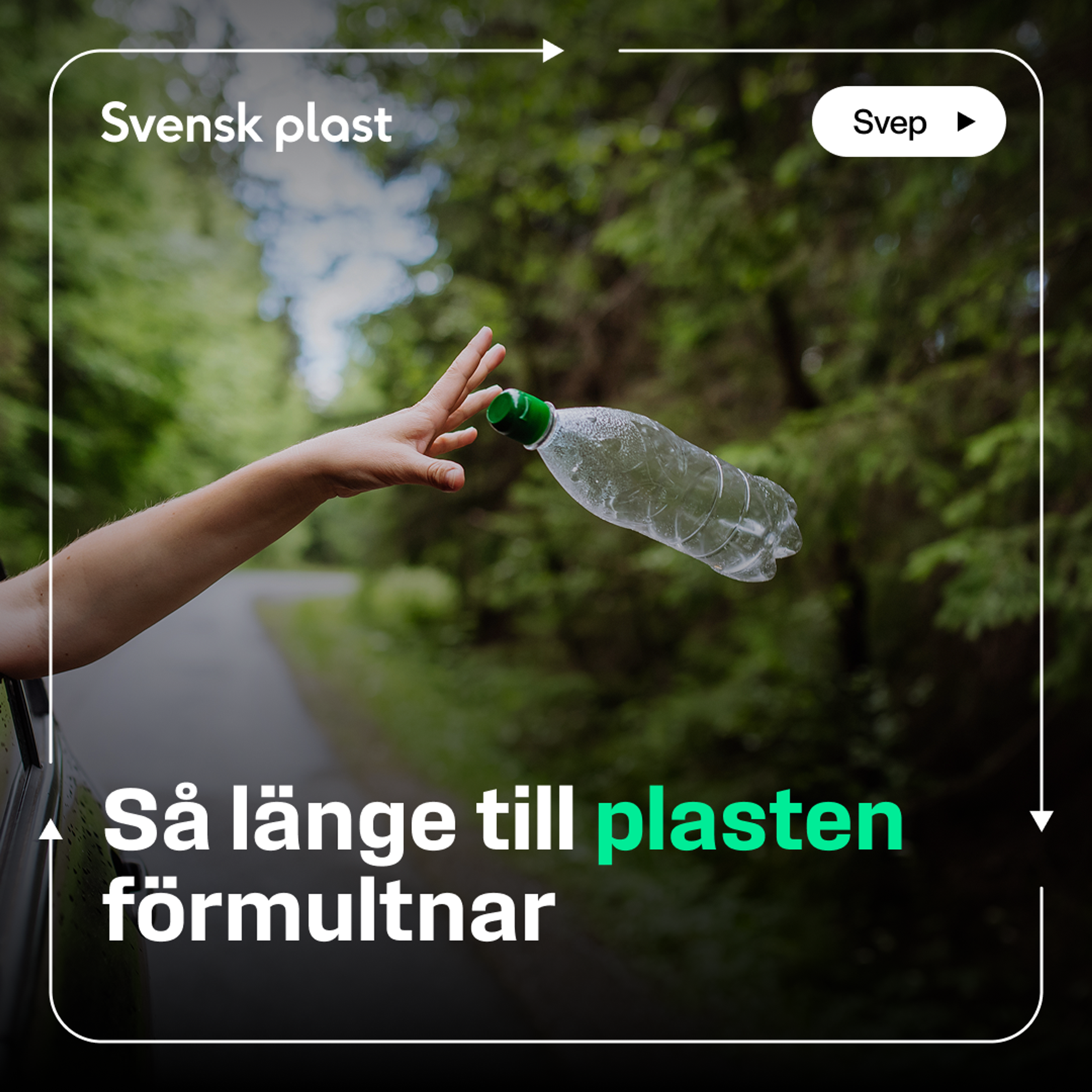 Kampanjkort: en arm sträcks ut genom ett bilfönster och släpper en PET-flaska vid en skogsväg. Logotyp: ”Svensk plast”. Rubrik ”Så länge till plasten förmultnar”. Knapp: ”Svep”.