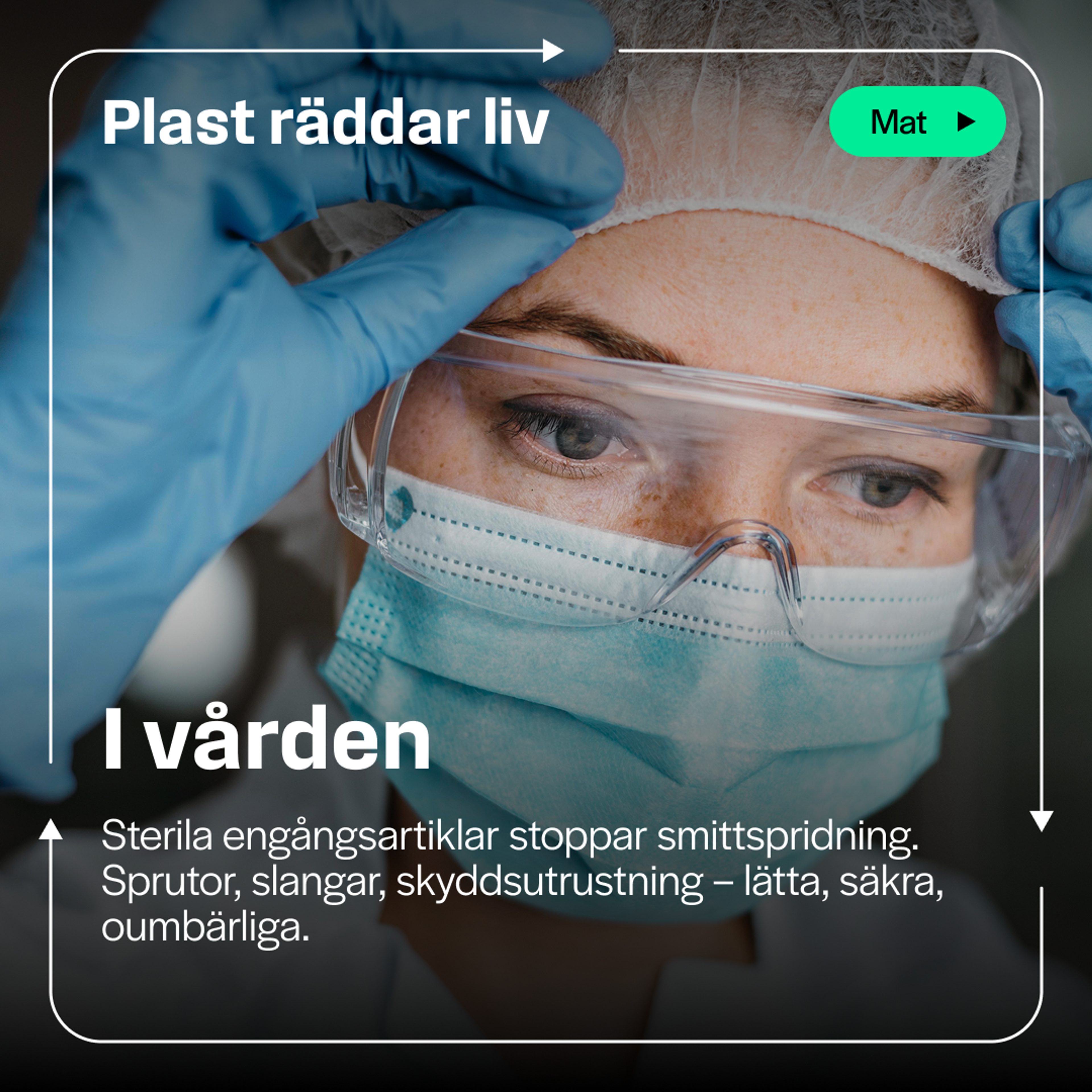 Kampanjkort: vårdpersonal i skyddsglasögon, munskydd och handskar. Rubrik "I vården". Text: "Sterila engångsartiklar stoppar smittspridning. Sprutor, slangar, skyddsutrustning – lätta, säkra, oumbärliga."