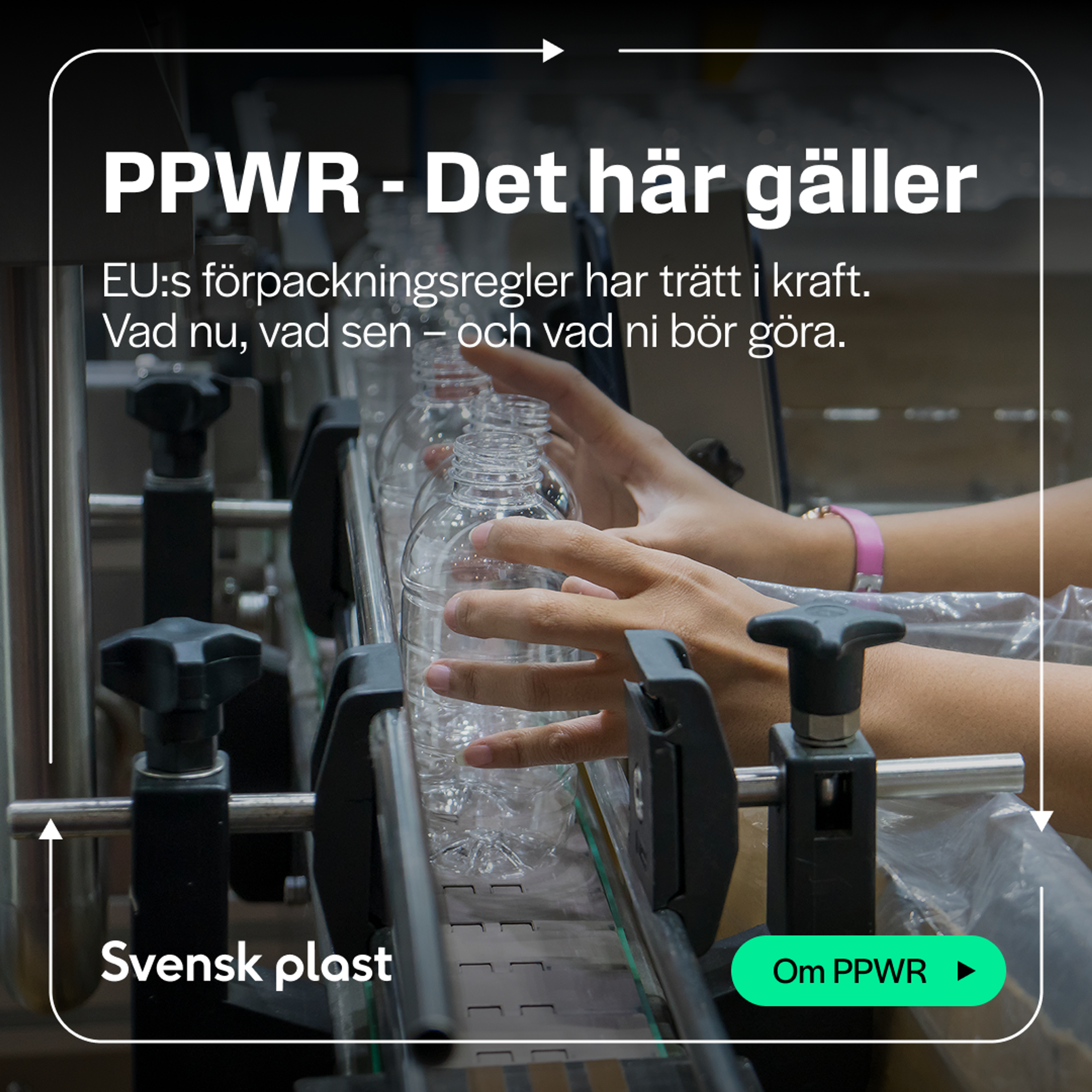 Kampanjkort: händer som hanterar genomskinliga plastflaskor på ett transportband. Rubrik "PPWR - Det här gäller". Text: "EU:s förpackningsregler har trätt i kraft. Vad nu, vad sen – och vad ni bör göra." Logotyp: "Svensk plast". Knapp: "Om PPWR".