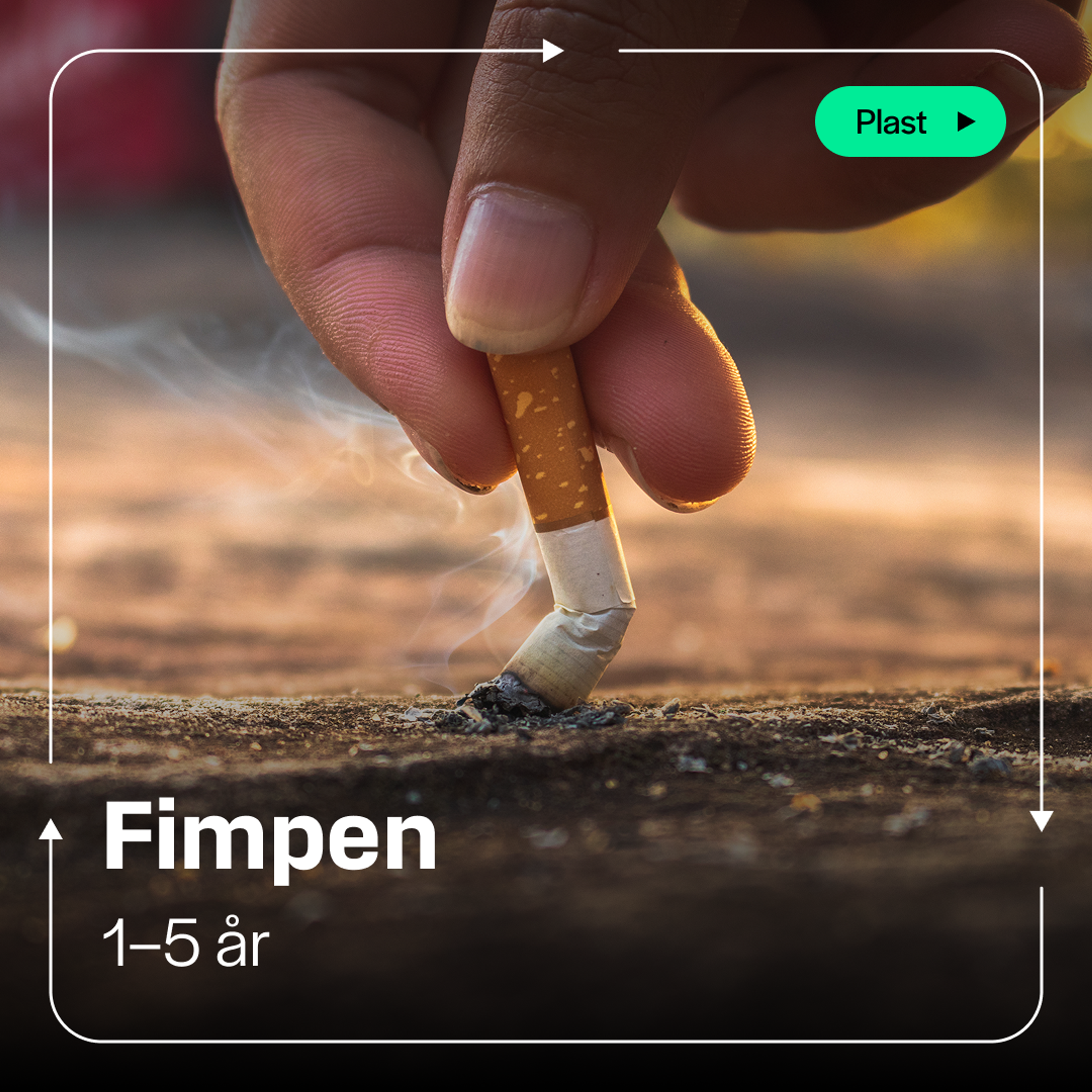 Kampanjkort: en hand trycker ner en rykande fimp i marken. Rubrik ”Fimpen”. Text: ”1–5 år”. Knapp: ”Plast”.