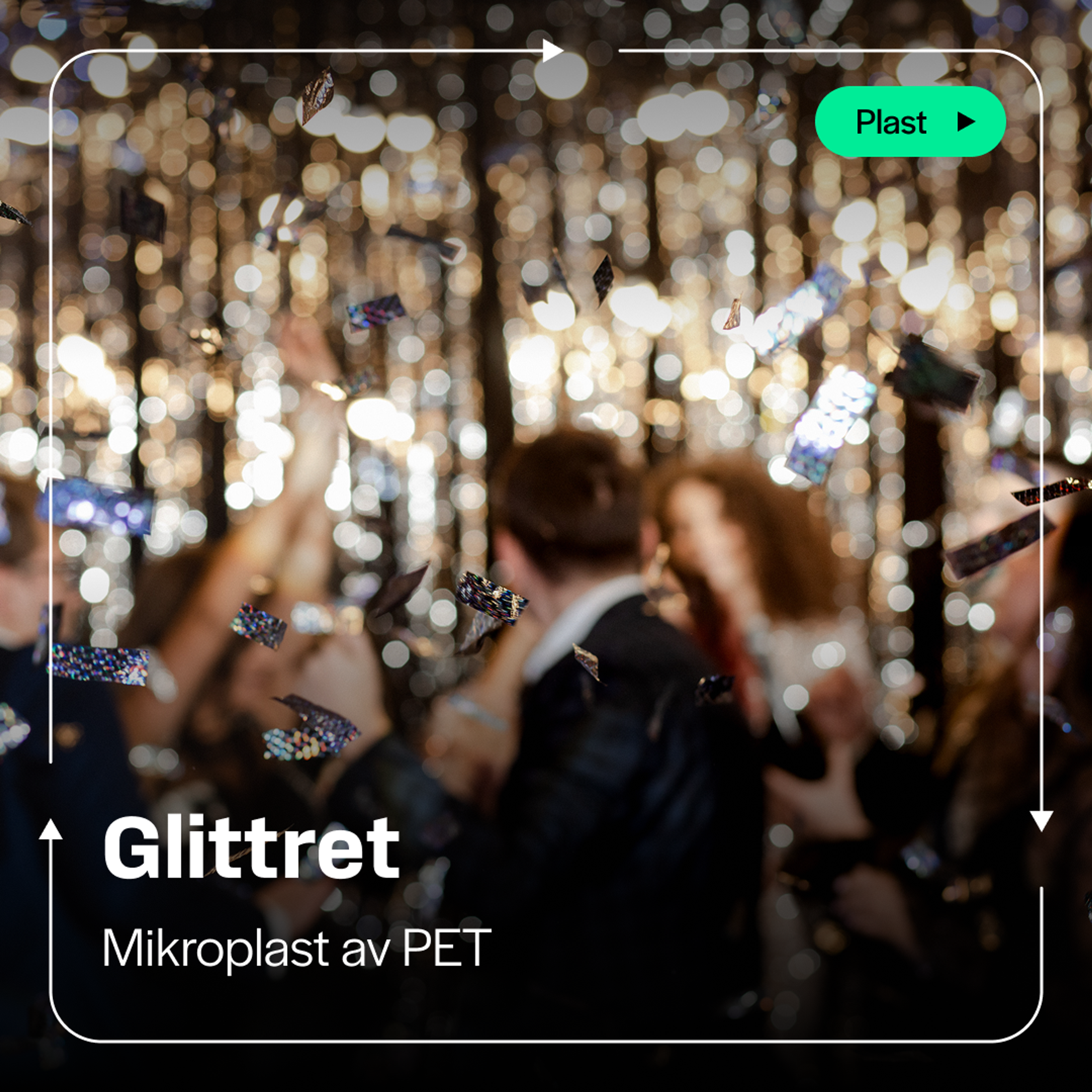 Kampanjkort: glitter och konfetti faller över människor som festar i ett ljussken. Rubrik ”Glittret”. Text: ”Mikroplast av PET”. Knapp: ”Plast”.