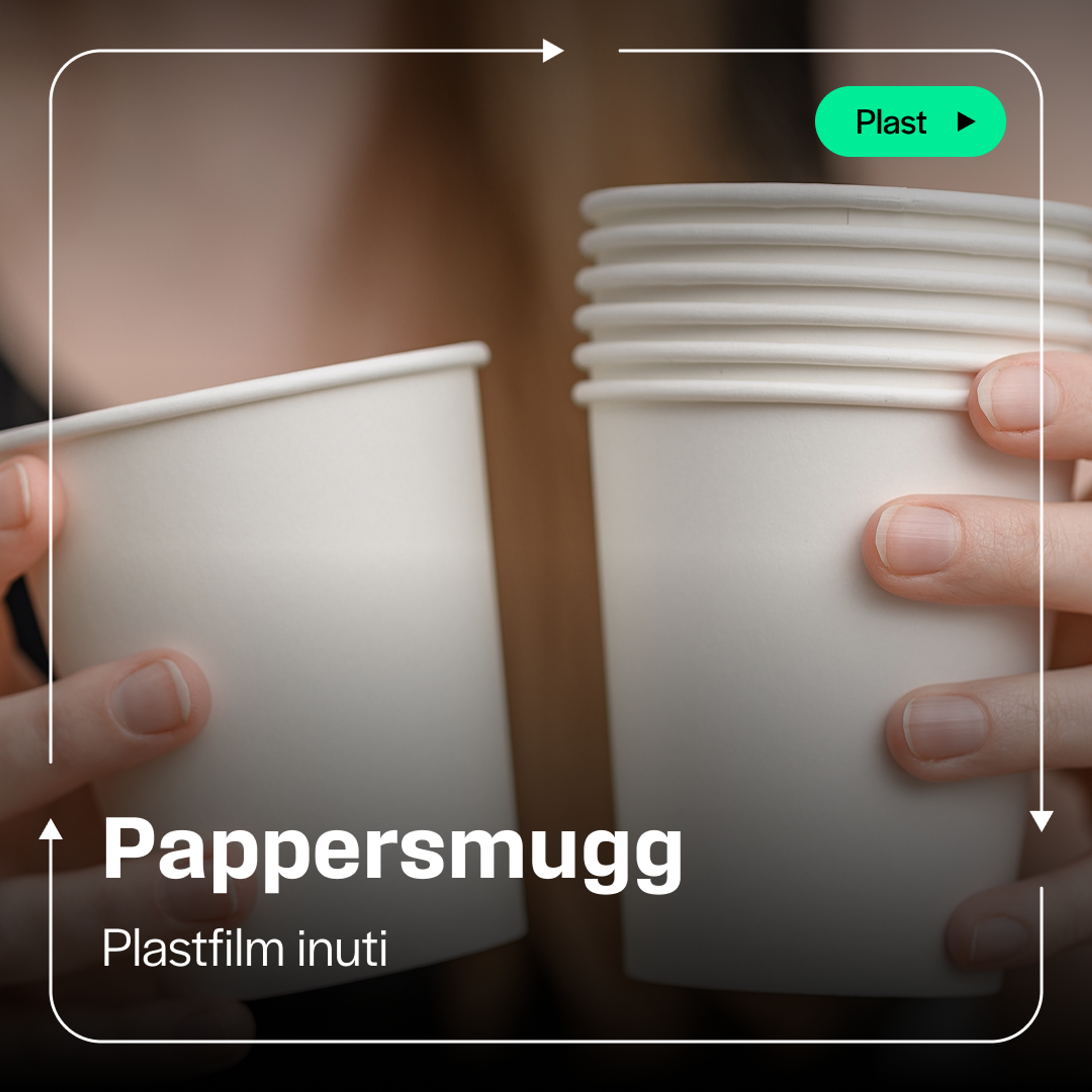 Kampanjkort: två händer håller vita pappersmuggar, i den ena handen en stapel. Rubrik ”Pappersmugg”. Text: ”Plastfilm inuti”. Knapp: ”Plast”.