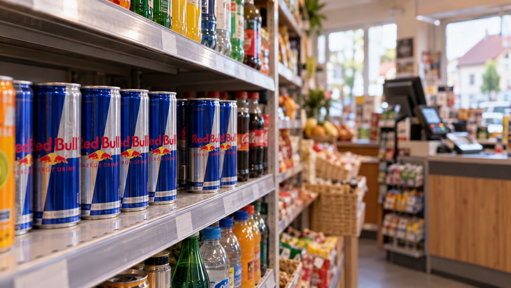 Red-Bull-Dosen im Getränkeregal eines kleinen Geschäfts, dahinter eine unscharfe Kasse.