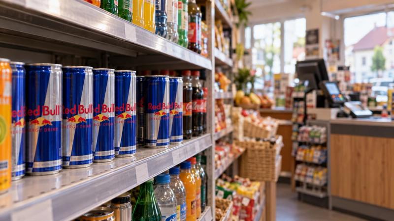 Red-Bull-Dosen im Getränkeregal eines kleinen Geschäfts, dahinter eine unscharfe Kasse.