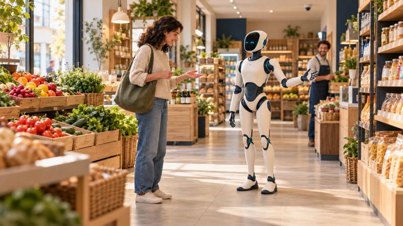 Konzeptillustration: Ein humanoider Roboter gestikuliert neben einer Kundin im Lebensmittelgeschäft; ein Mitarbeiter steht im Hintergrund.