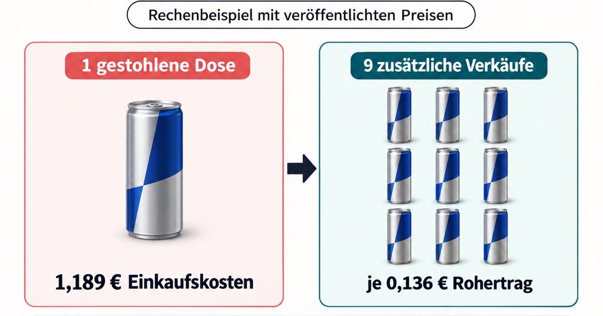 Beispielrechnung: 1,189 Euro Einkaufskosten geteilt durch 0,136 Euro Rohertrag ergeben rund neun zusätzliche Verkäufe.