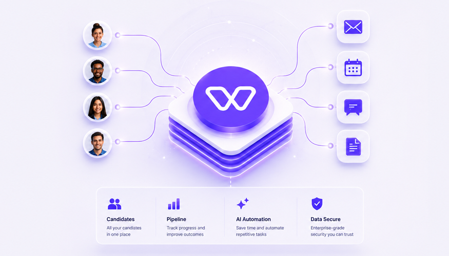 Futuristic AI recruitment automation interface featuring the Whippy platform logo connected to candidate profiles, messaging tools, scheduling, and workflow automation in a clean purple-and-white 3D dashboard design