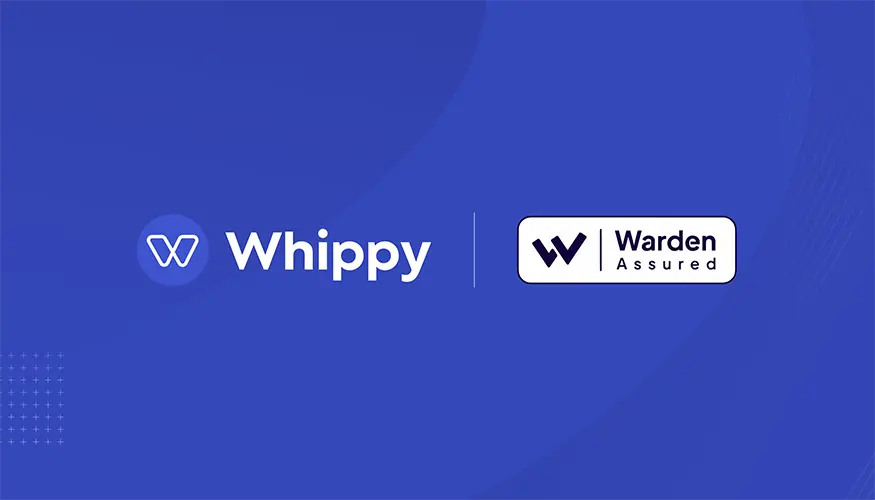 Whippy and Warden Assured logos displayed together on a blue background