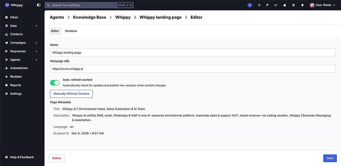 Whippy | Added: Auto Refresh for Knowledge Base URLs & Sites