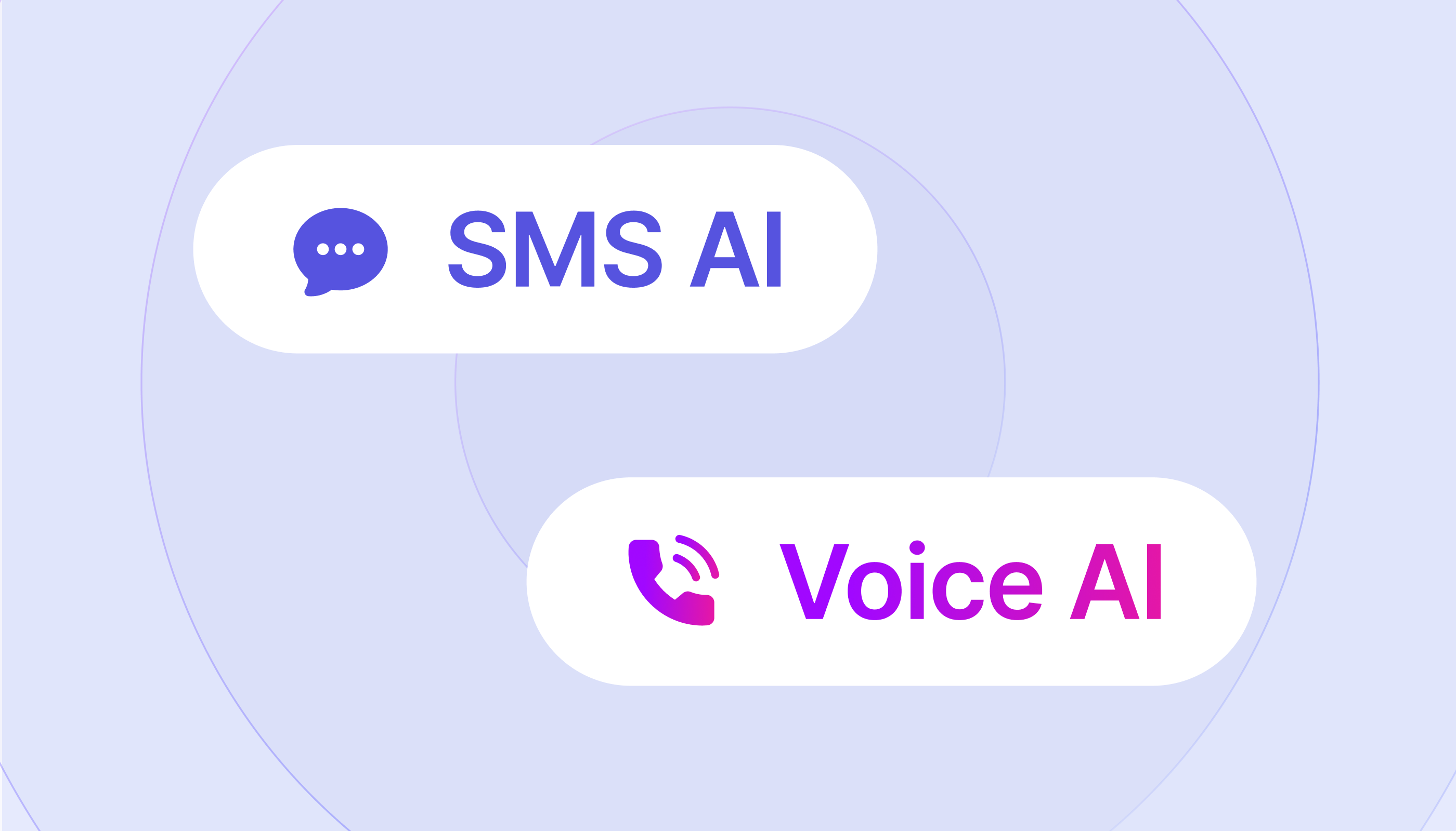 Illustration comparing SMS AI and Voice AI communication tools, featuring a blue chat bubble icon with “SMS AI” and a purple phone icon with “Voice AI” on a light purple background with circular design elements