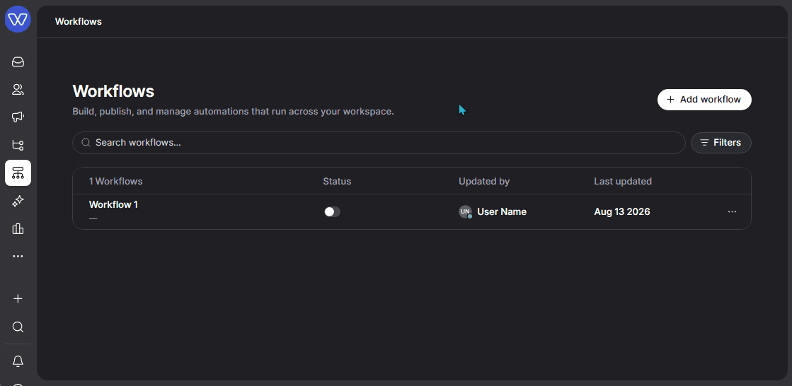 Duplicating a workflow from the Whippy workflows list, showing the duplicate action creating a copy with matching steps and conditions
