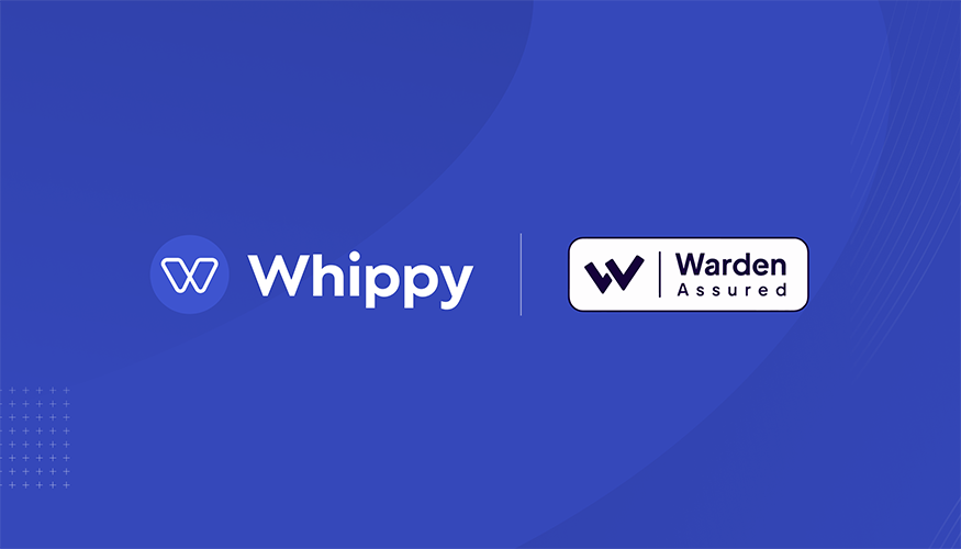 Whippy AI platform certified by Warden AI, with logos displayed side by side to indicate Warden Assured compliance.